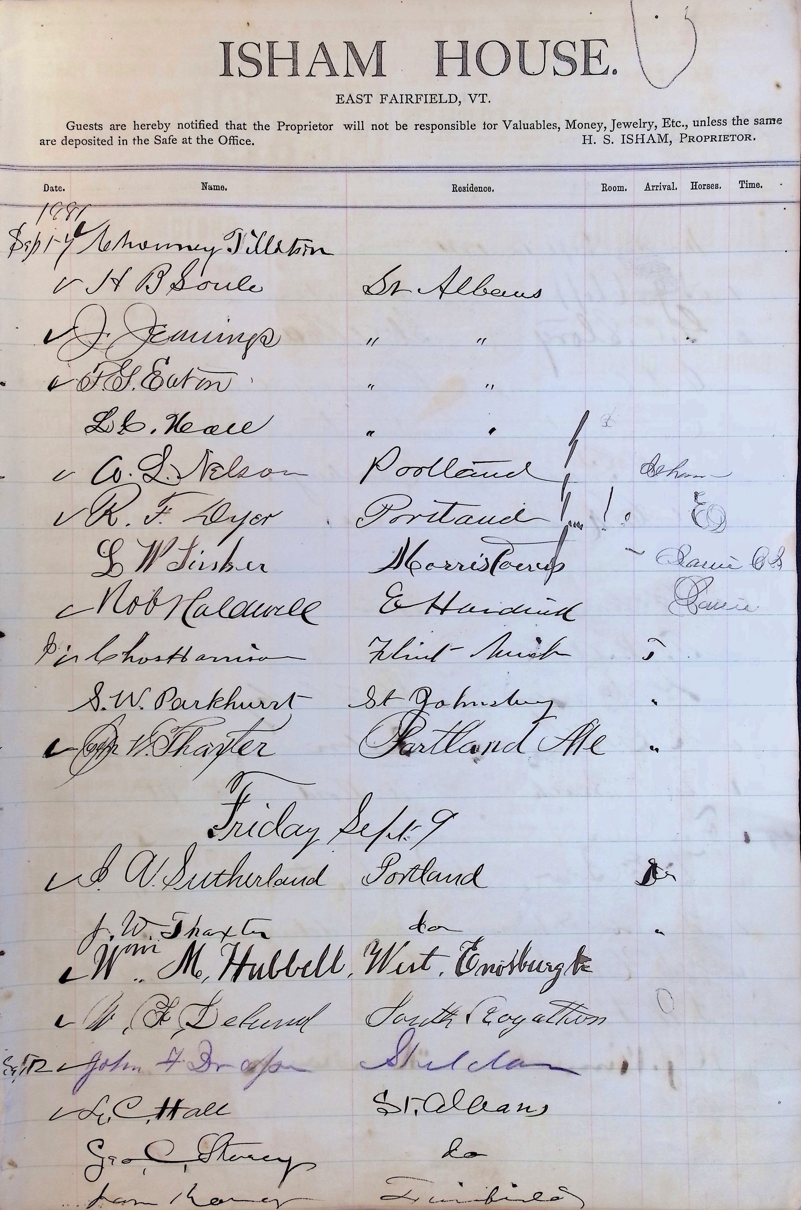 Isham Hotel register Vol. 1, Page 13