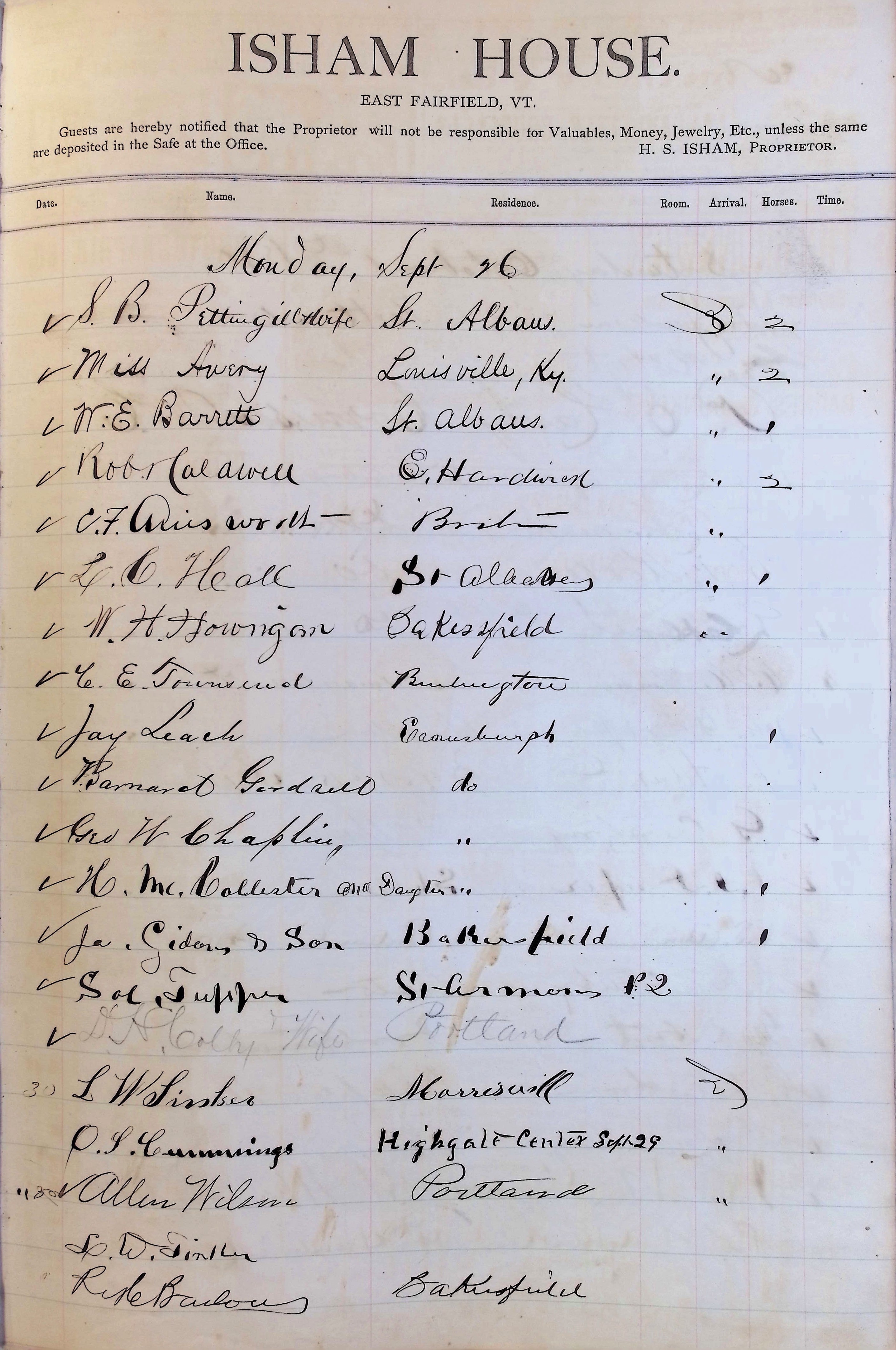 Isham Hotel register Vol. 1, Page 17