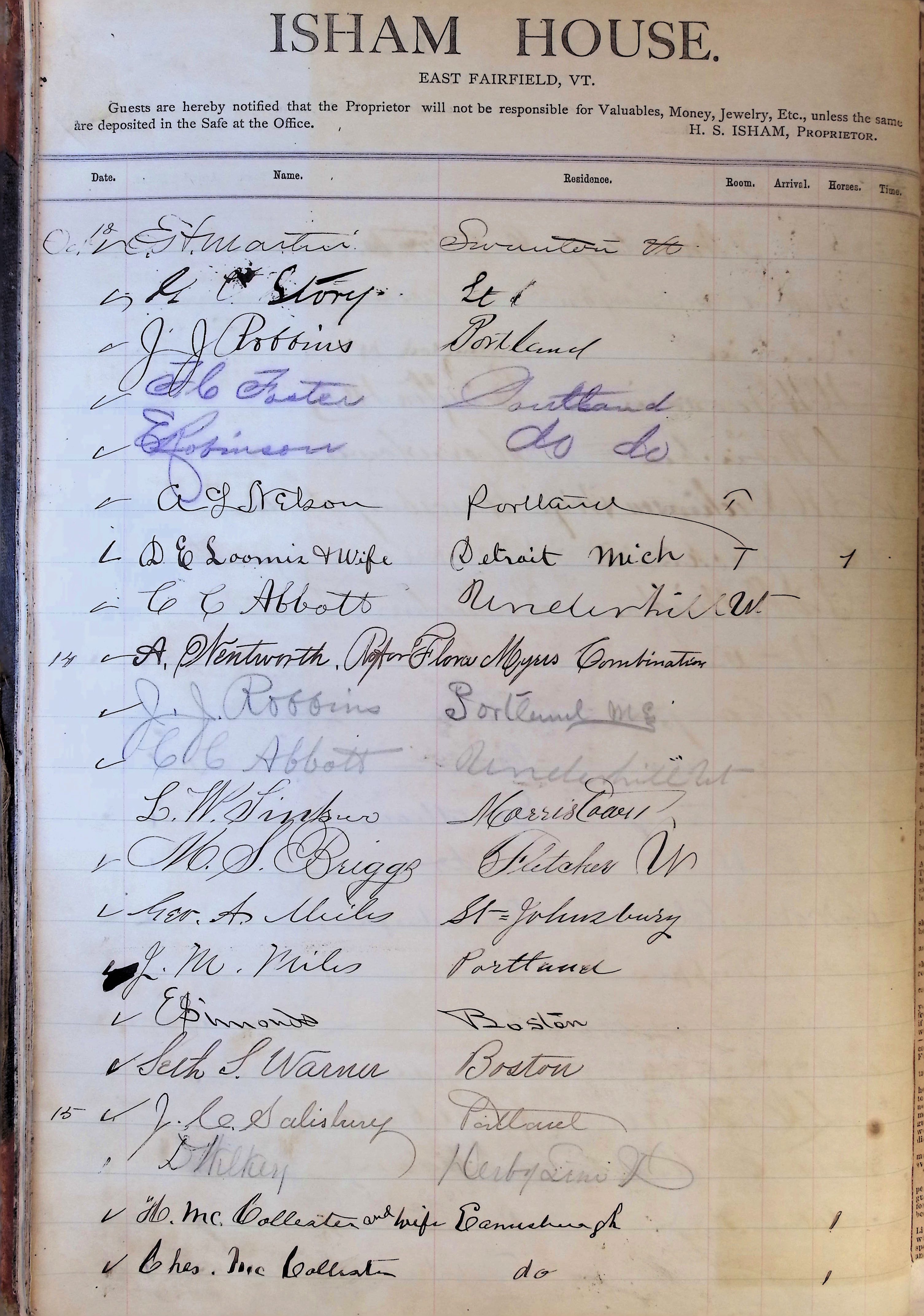 Isham Hotel register Vol. 1, Page 20