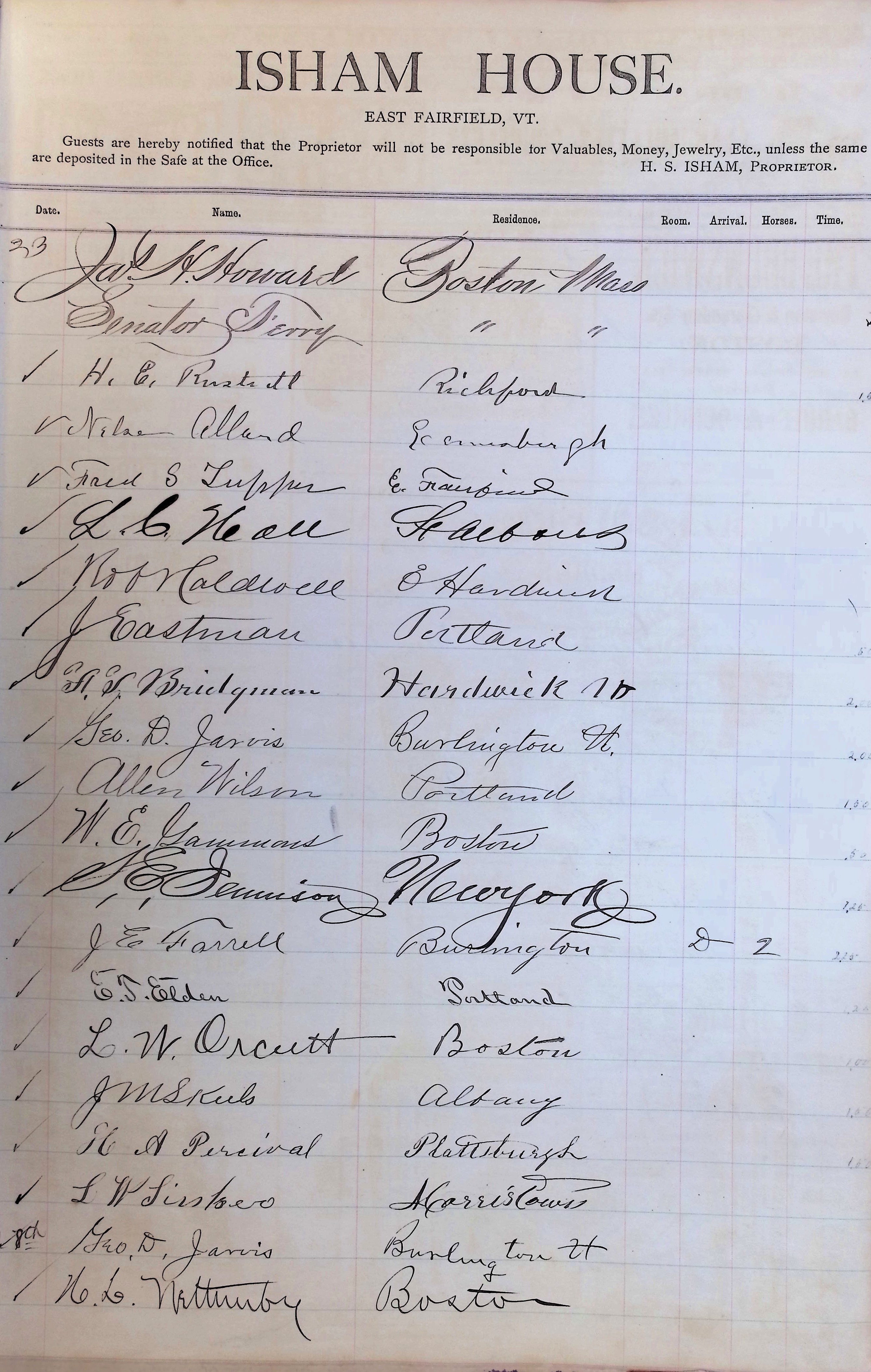 Isham Hotel register Vol. 1, Page 25