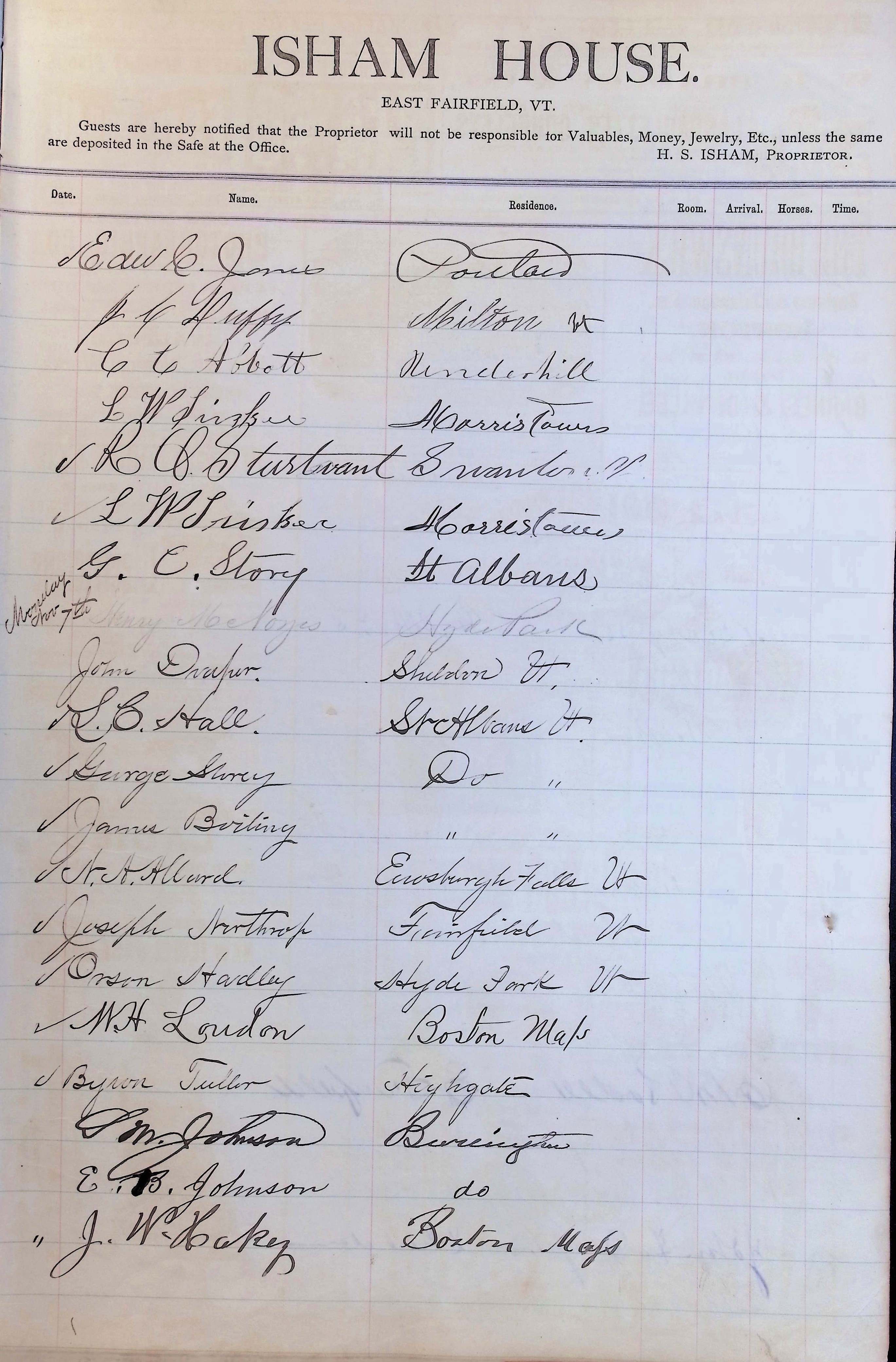 Isham Hotel register Vol. 1, Page 29