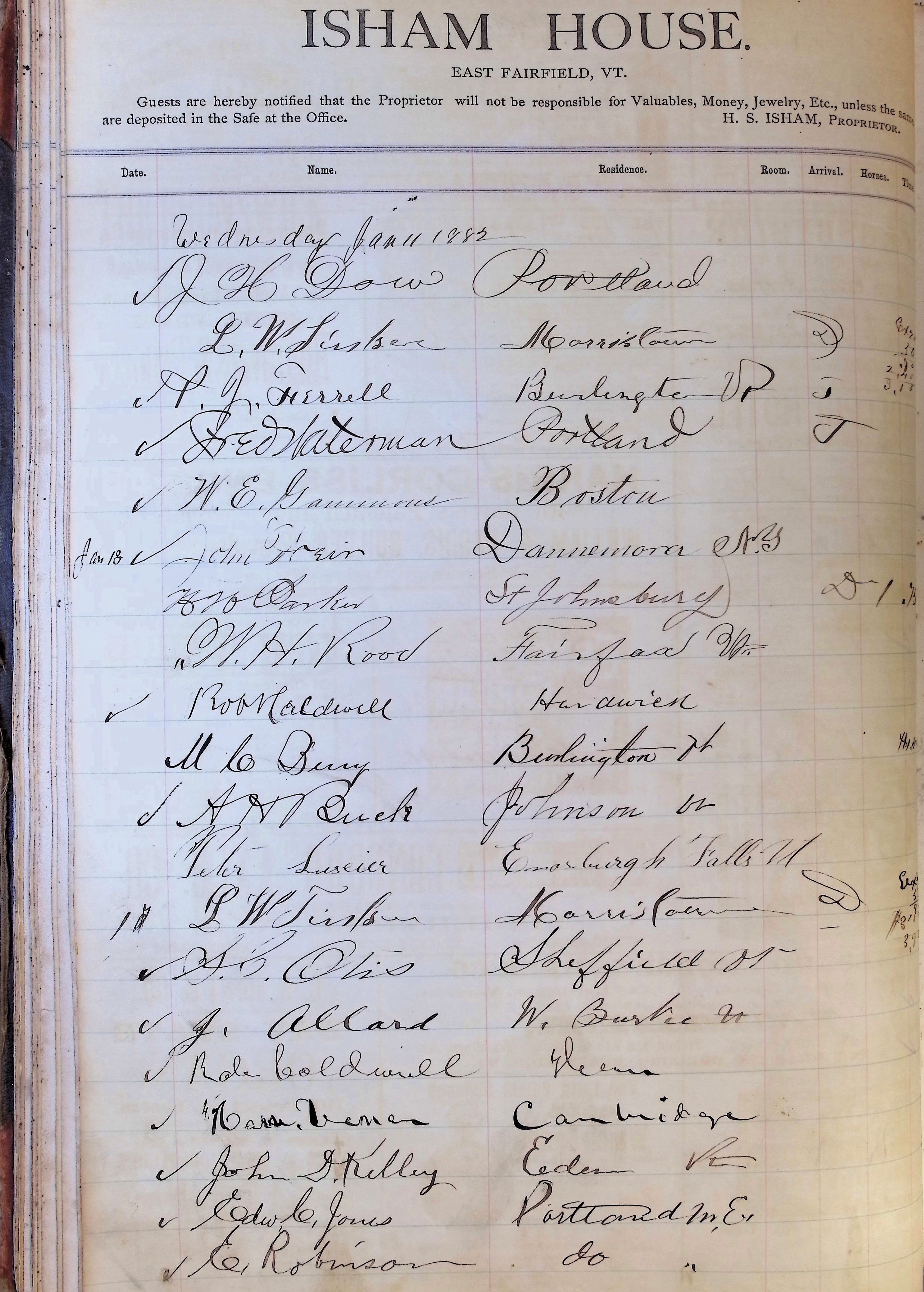 Isham Hotel register Vol. 1, Page 52