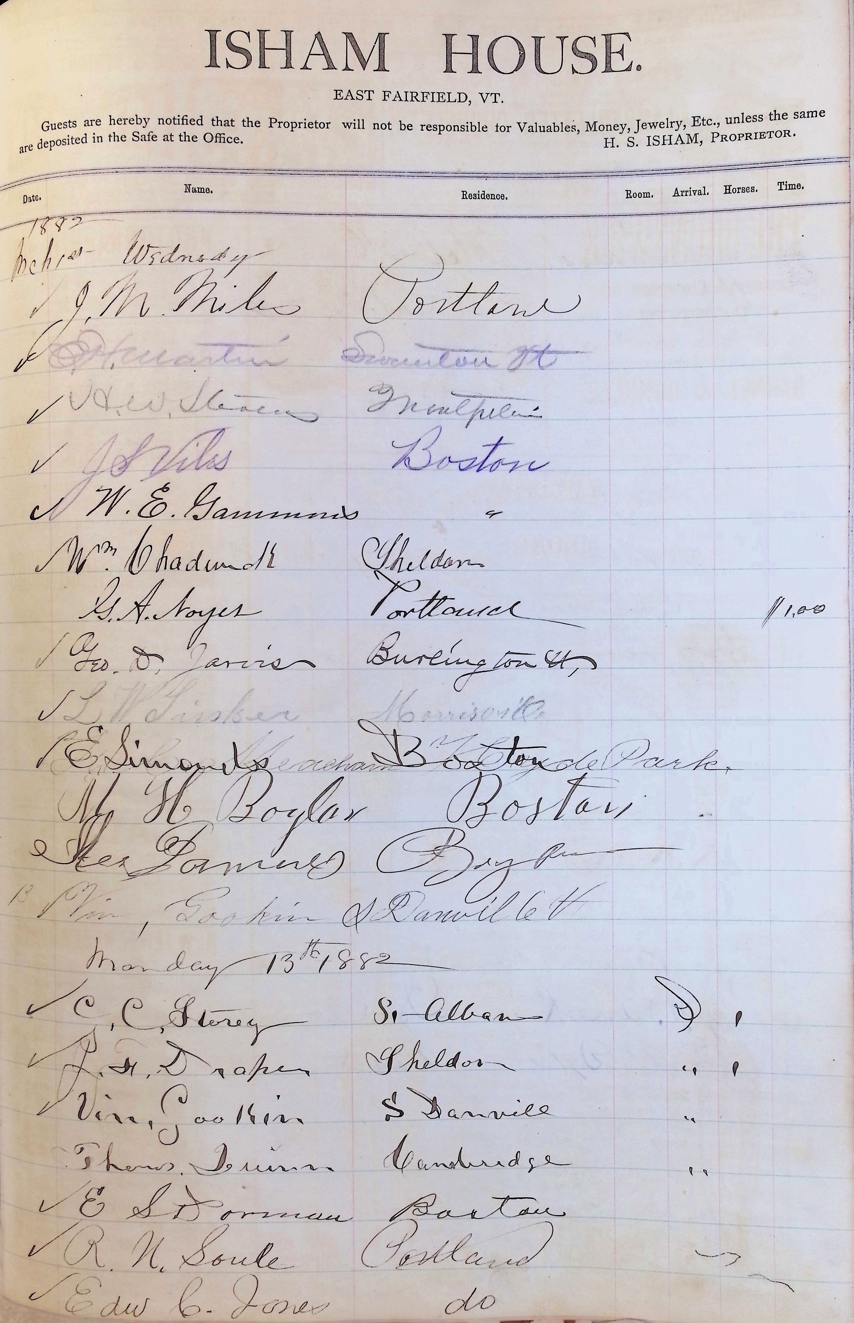Isham Hotel register Vol. 1, Page 65