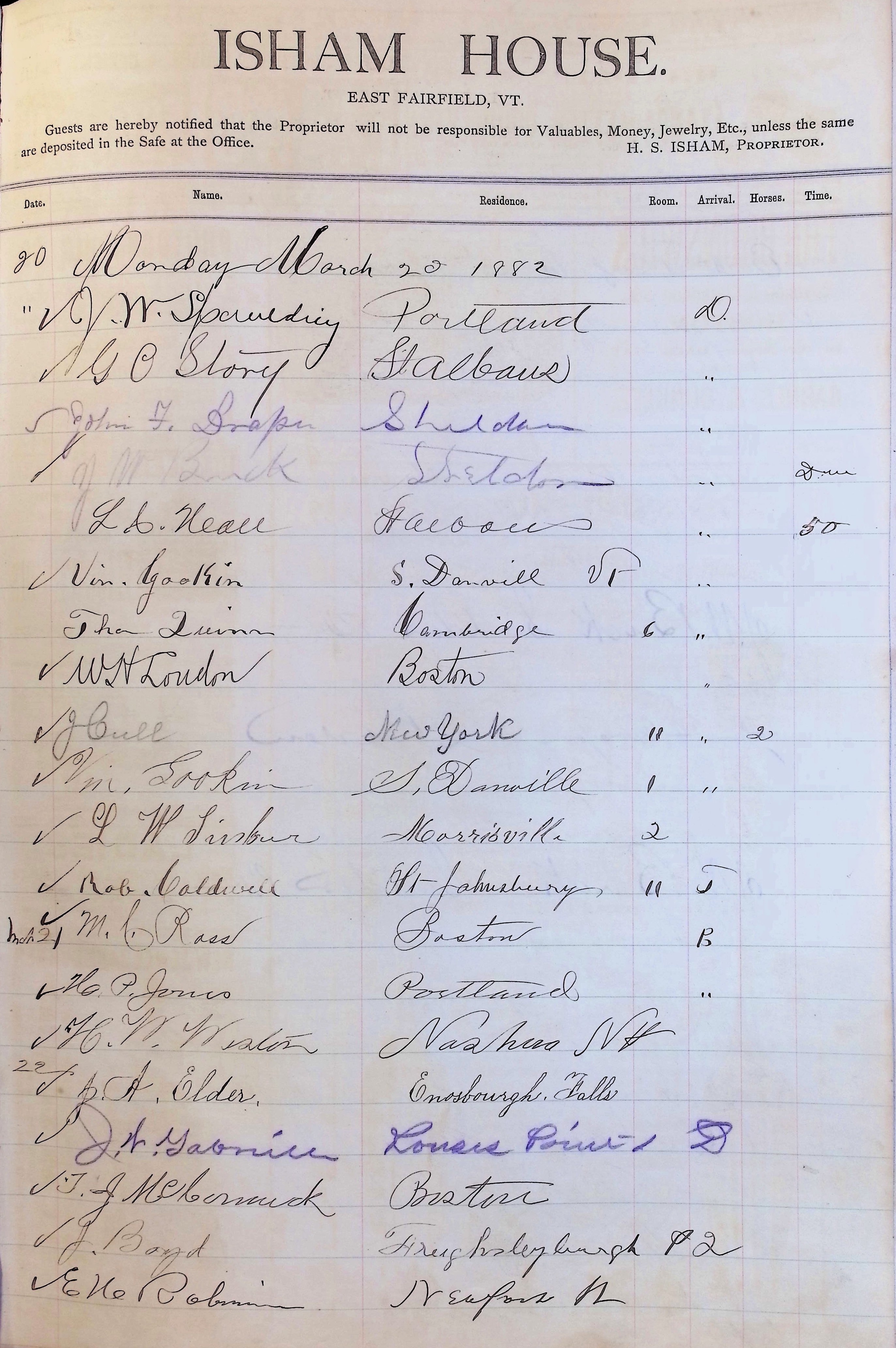 Isham Hotel register Vol. 1, Page 69