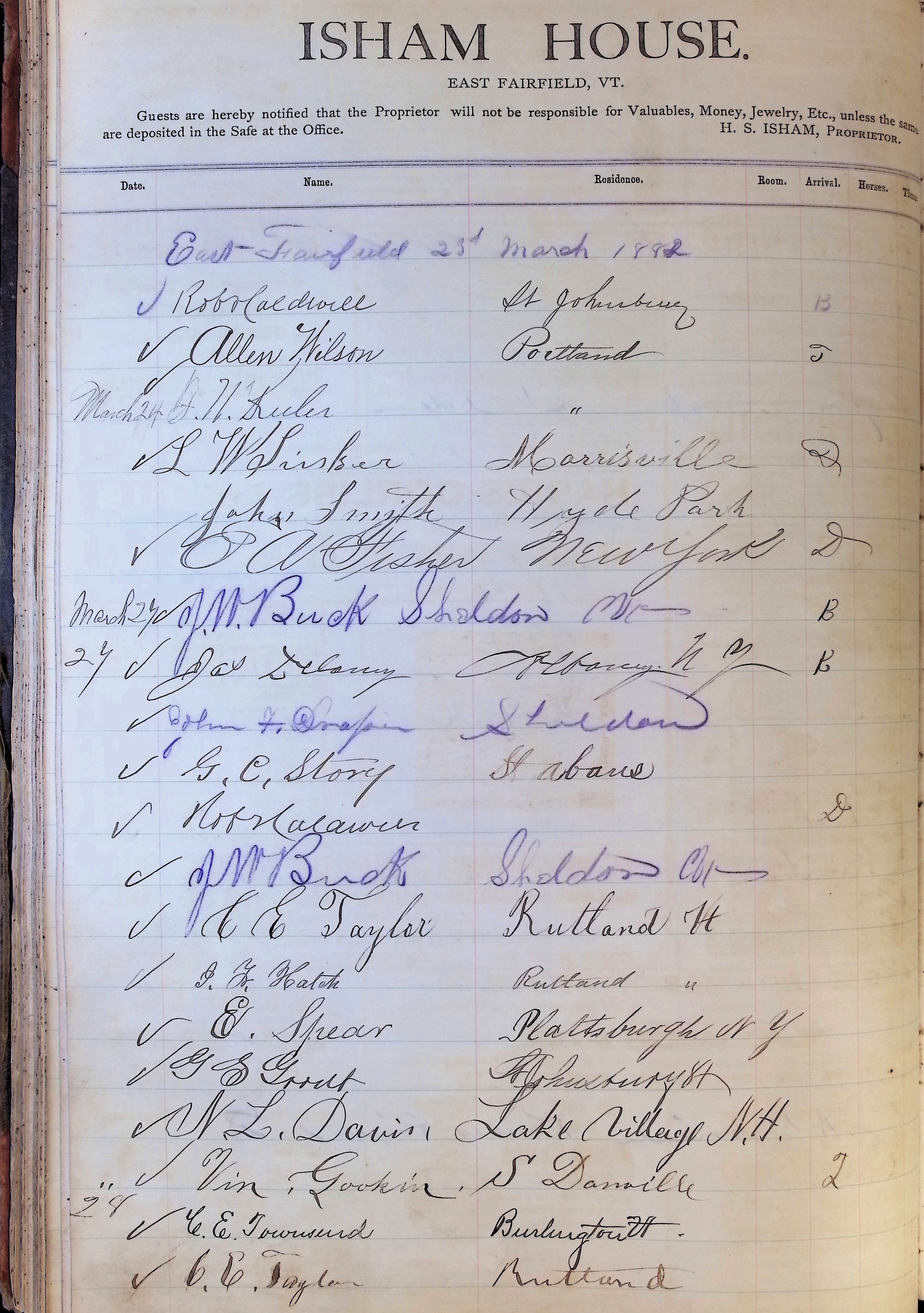 Isham Hotel register Vol. 1, Page 72
