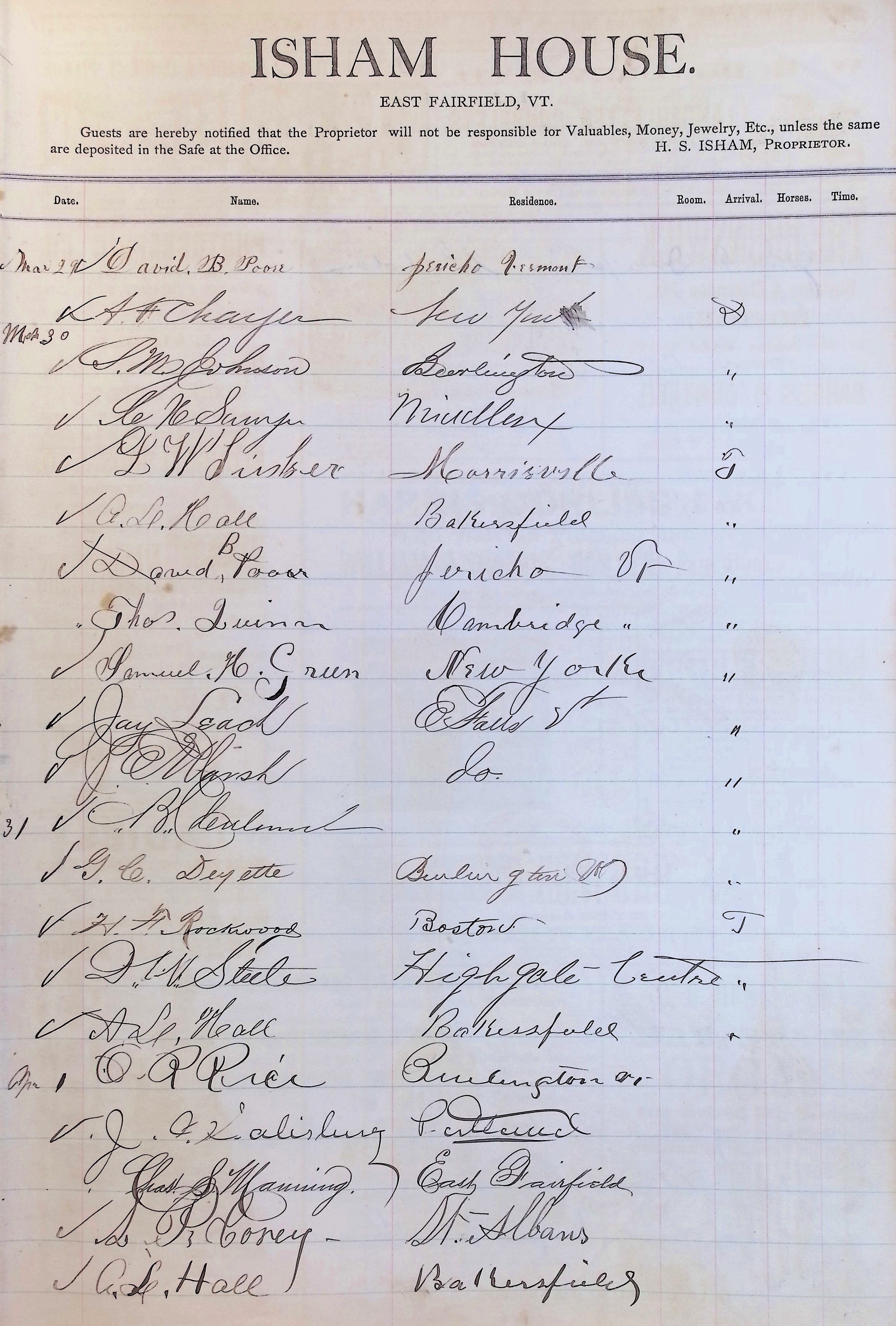 Isham Hotel register Vol. 1, Page 73