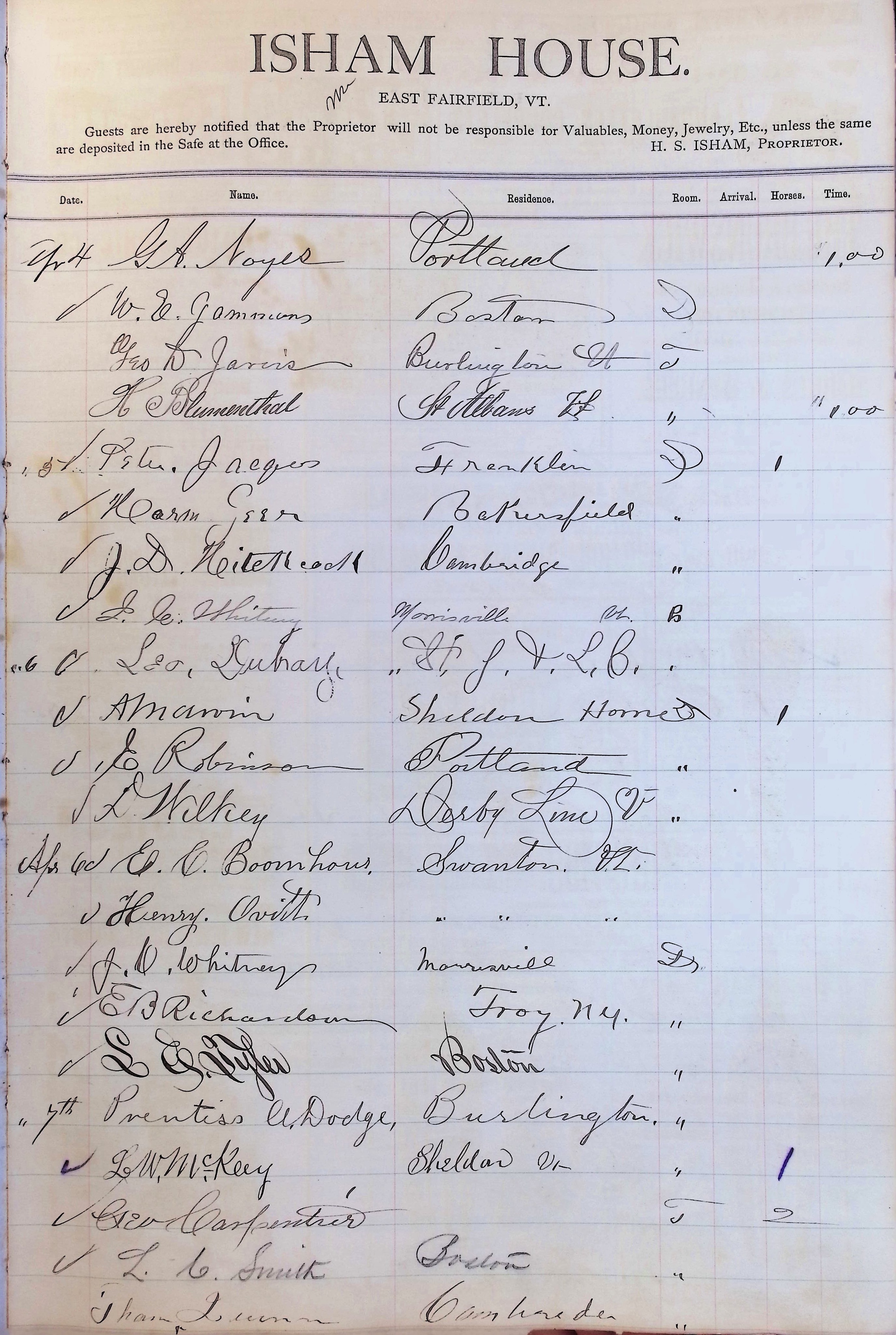 Isham Hotel register Vol. 1, Page 77