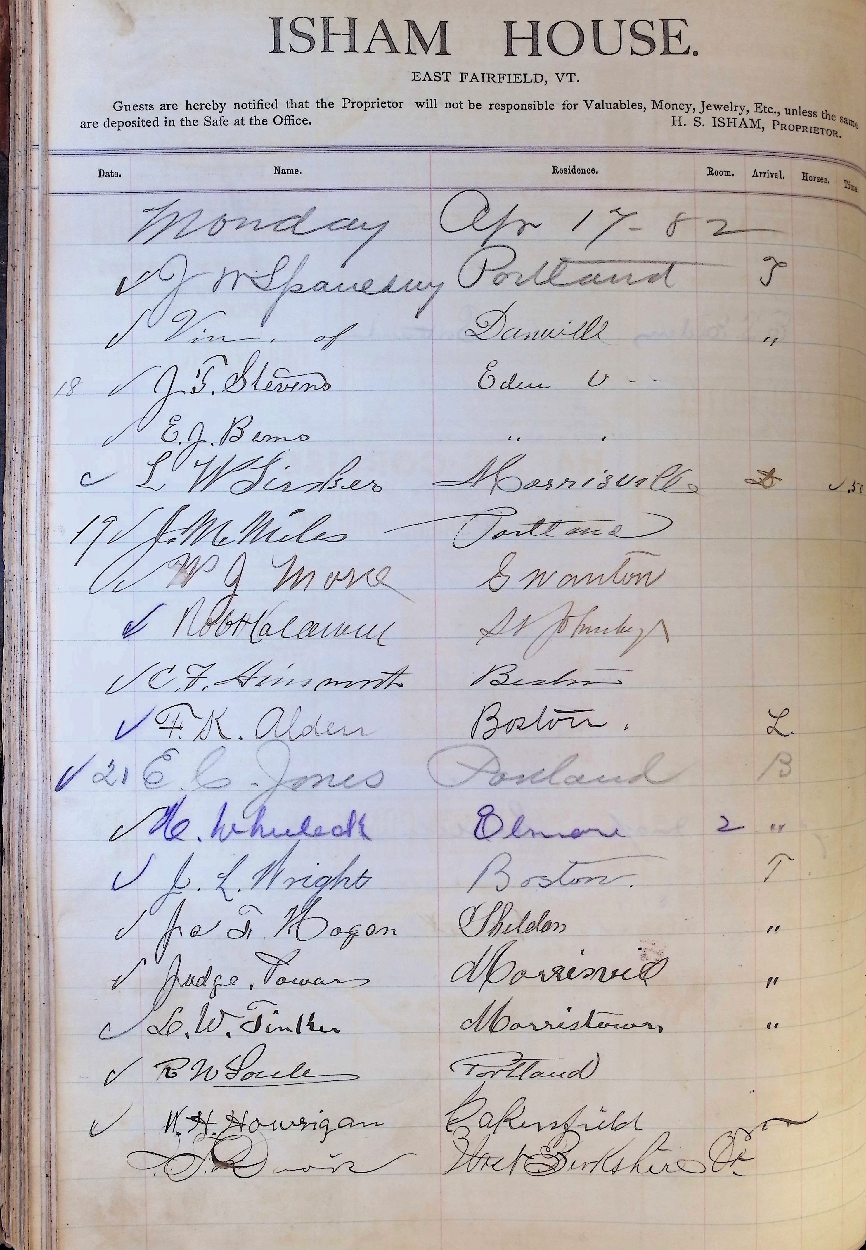Isham Hotel register Vol. 1, Page 84