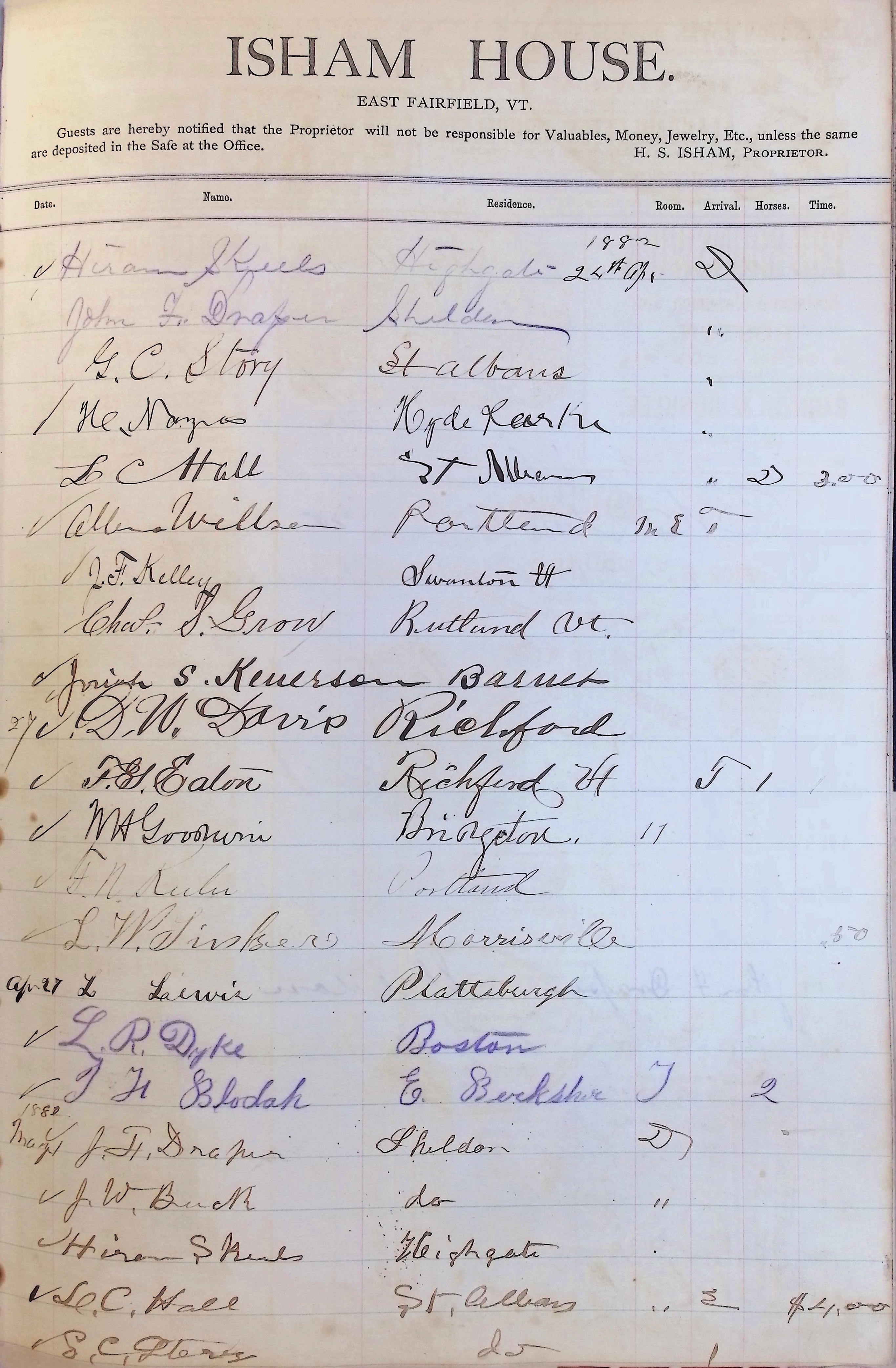 Isham Hotel register Vol. 1, Page 85