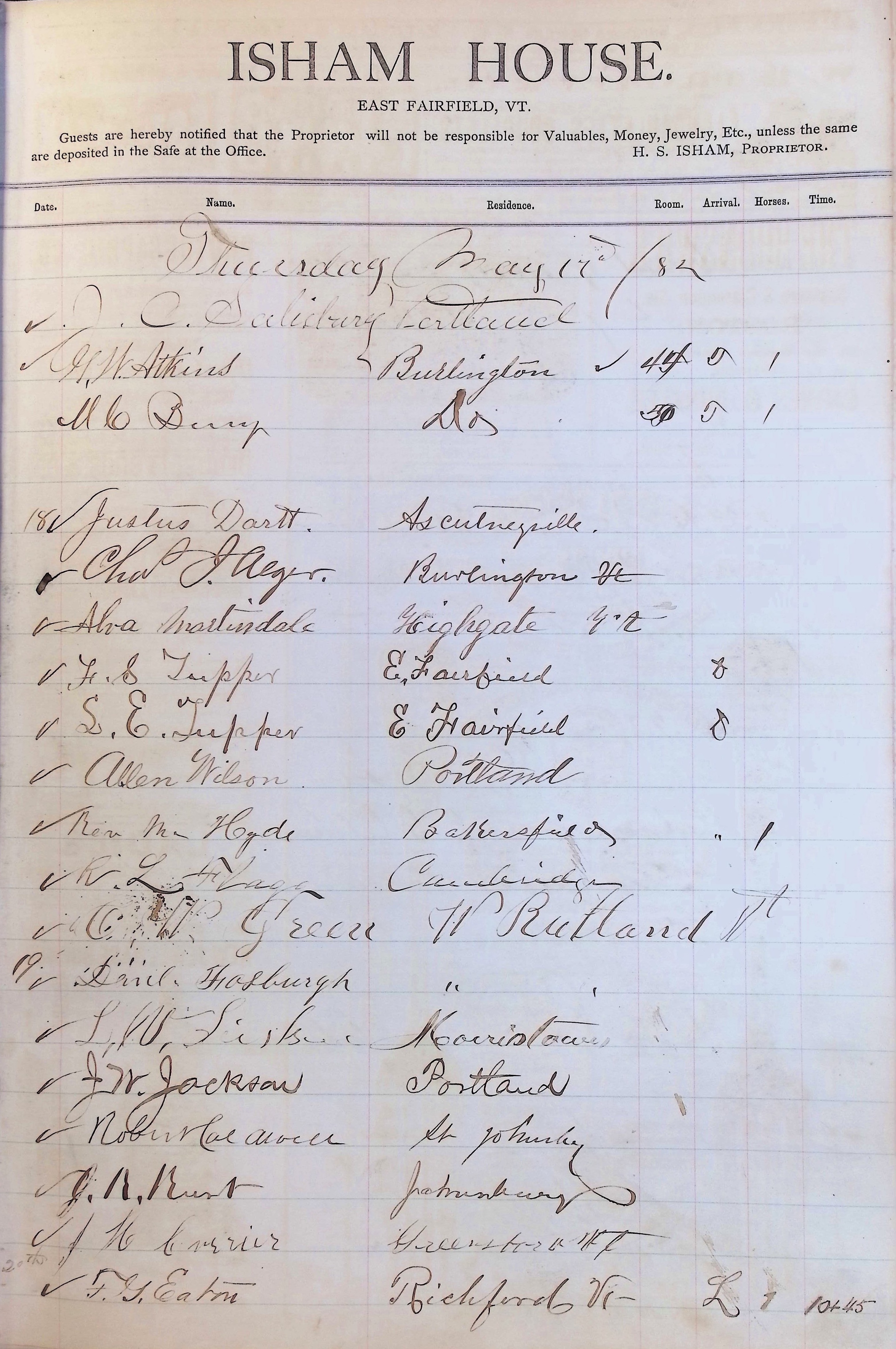 Isham Hotel register Vol. 1, Page 93