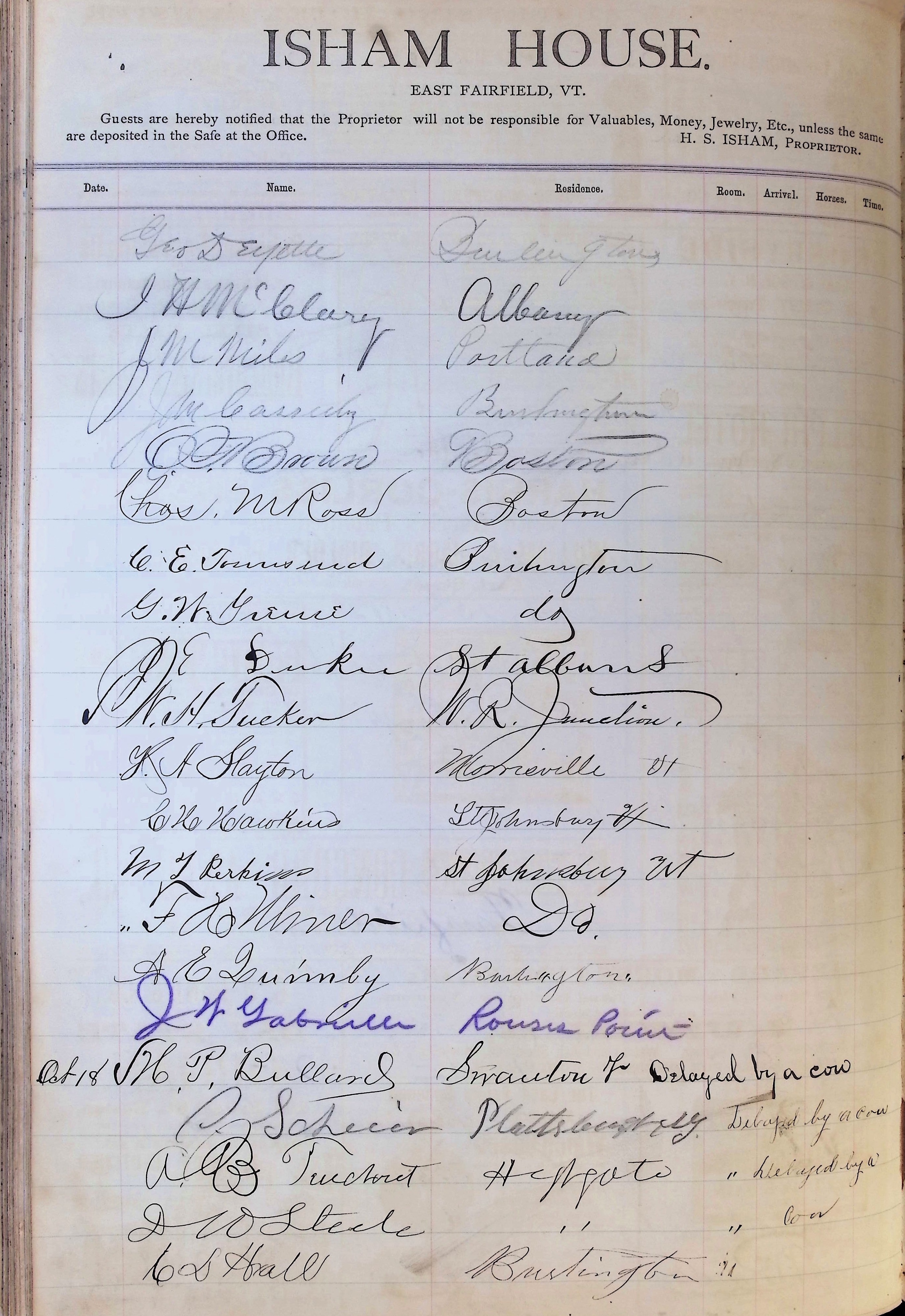 Isham Hotel register Vol. 1, Page 100