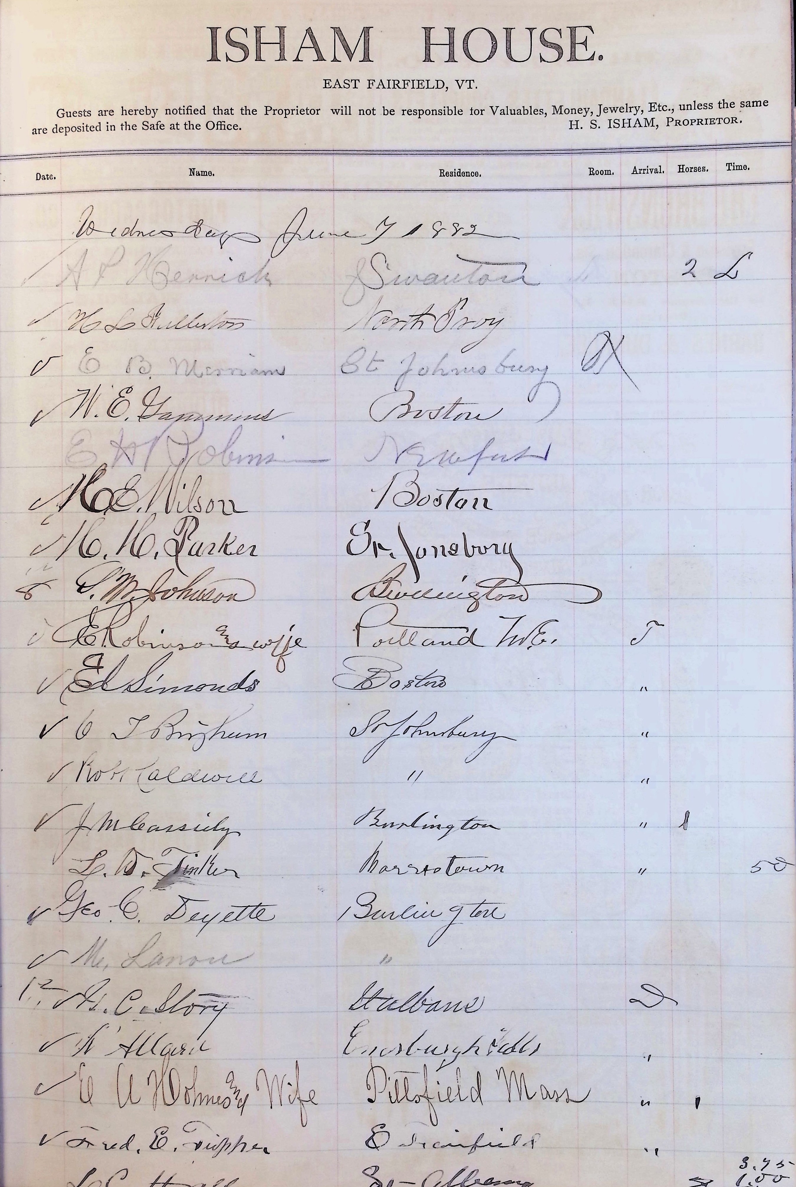 Isham Hotel register Vol. 1, Page 101