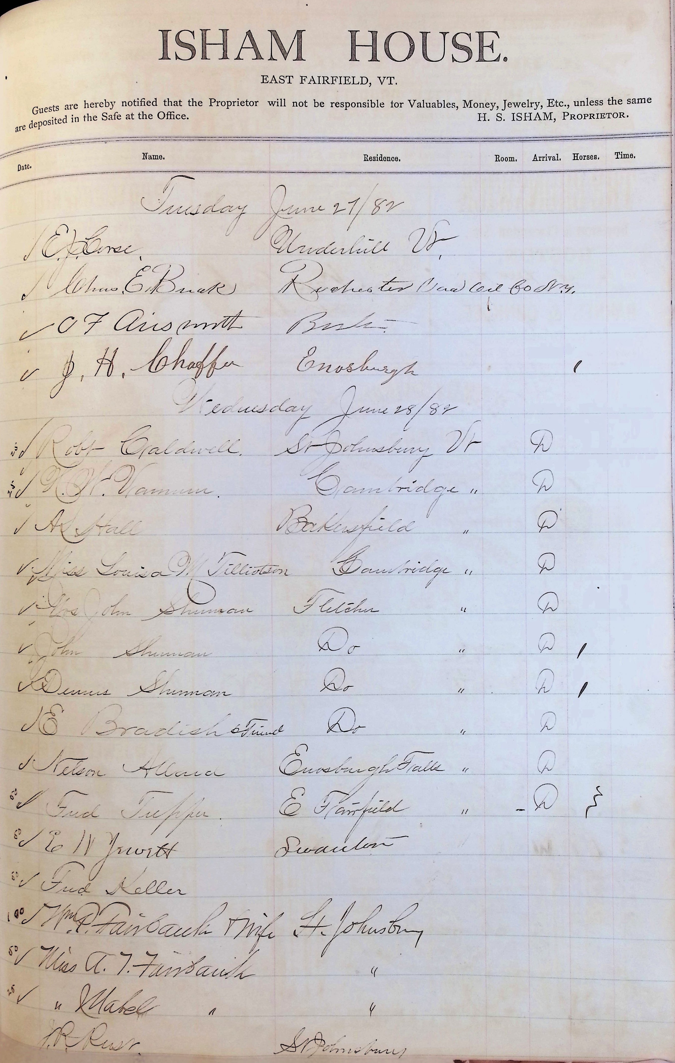 Isham Hotel register Vol. 1, Page 108