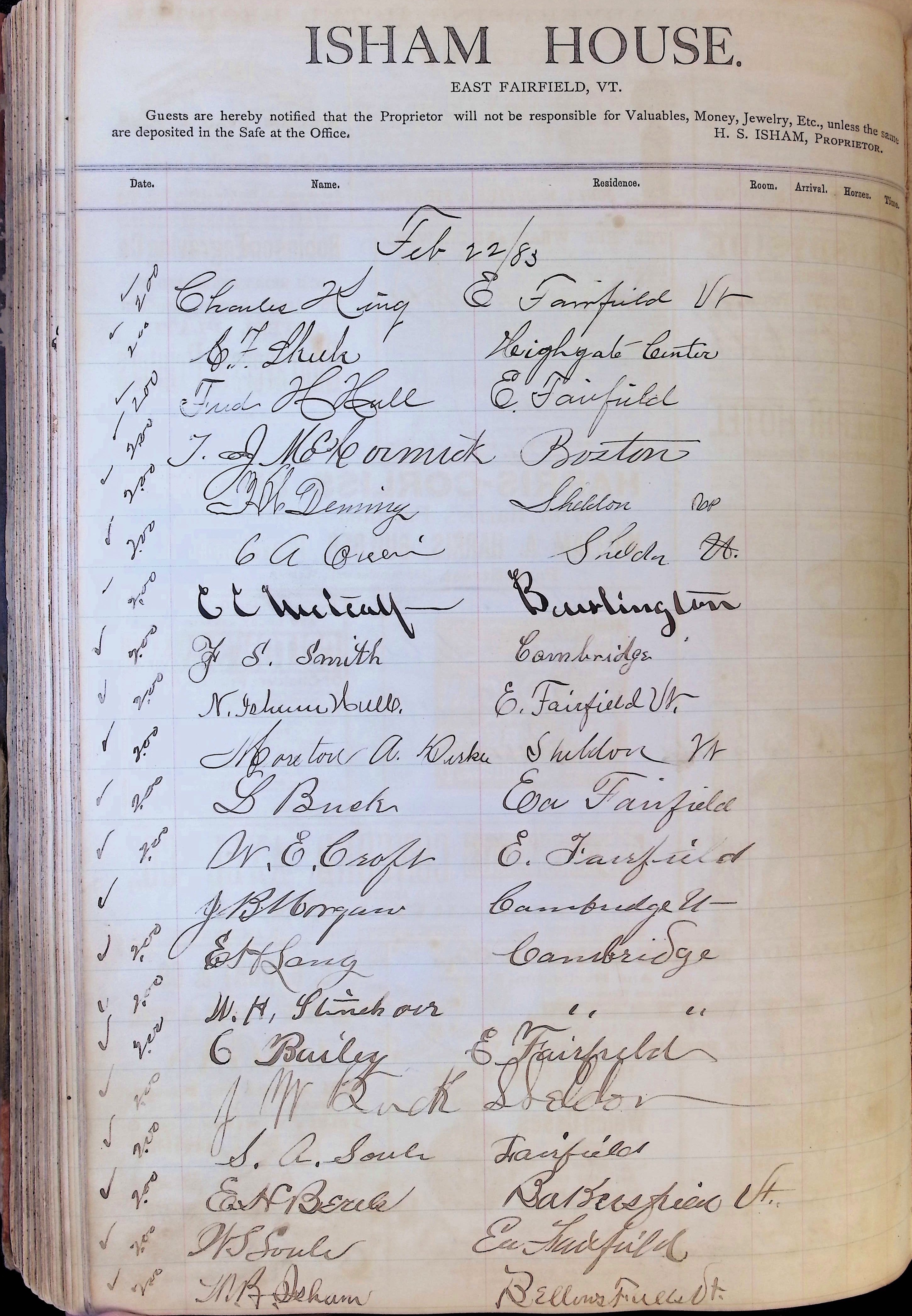 Isham Hotel register Vol. 1, Page 139