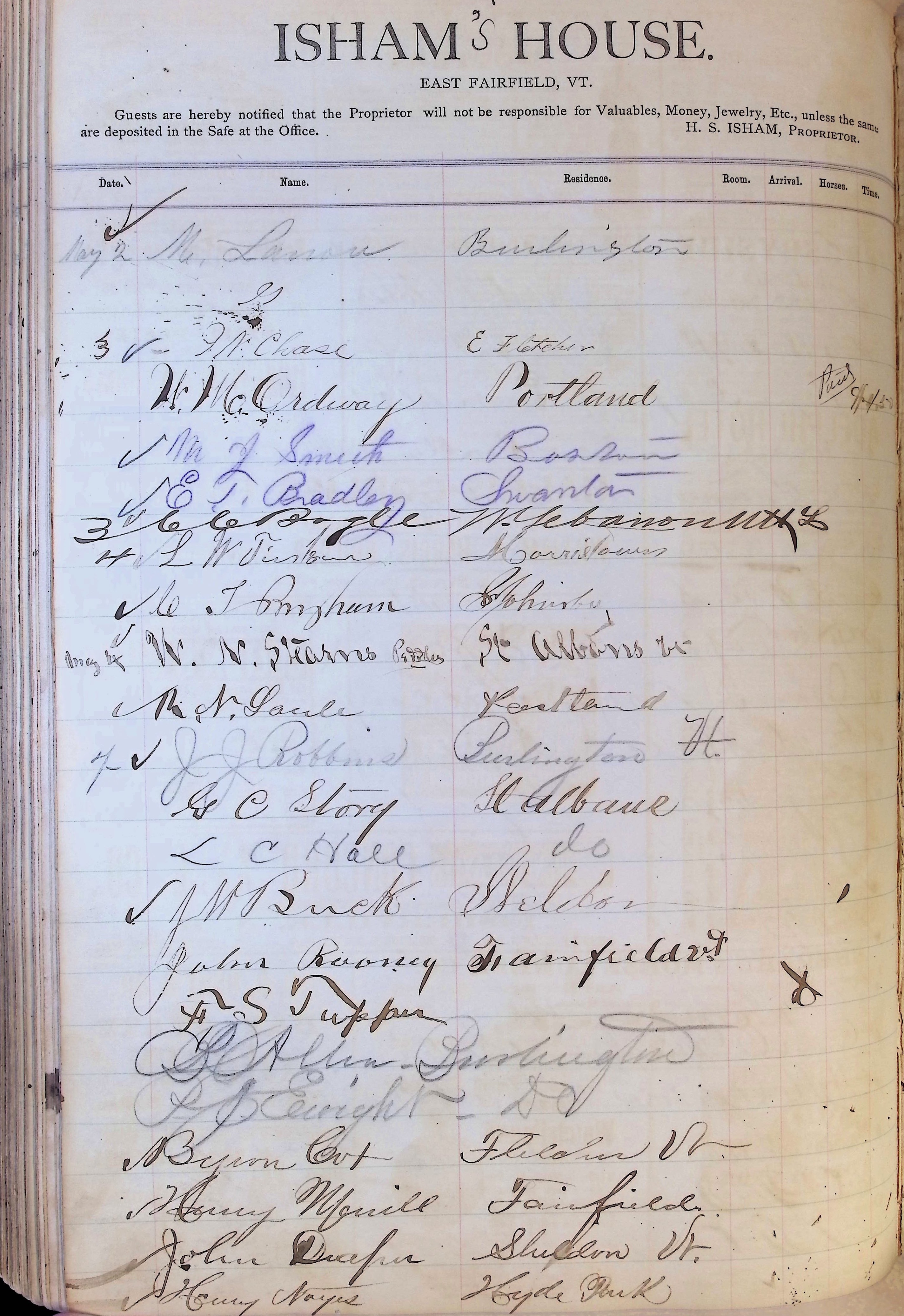Isham Hotel register Vol. 1, Page 161