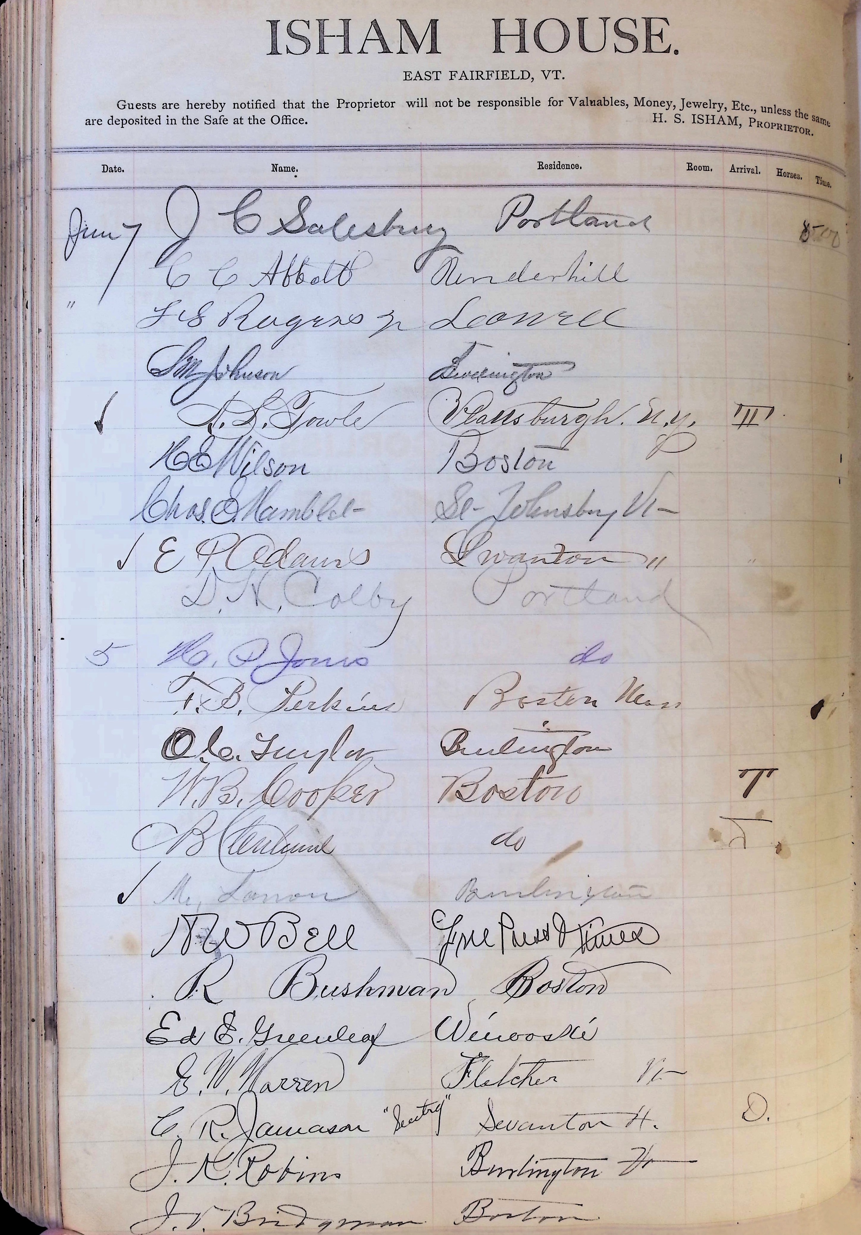 Isham Hotel register Vol. 1, Page 167