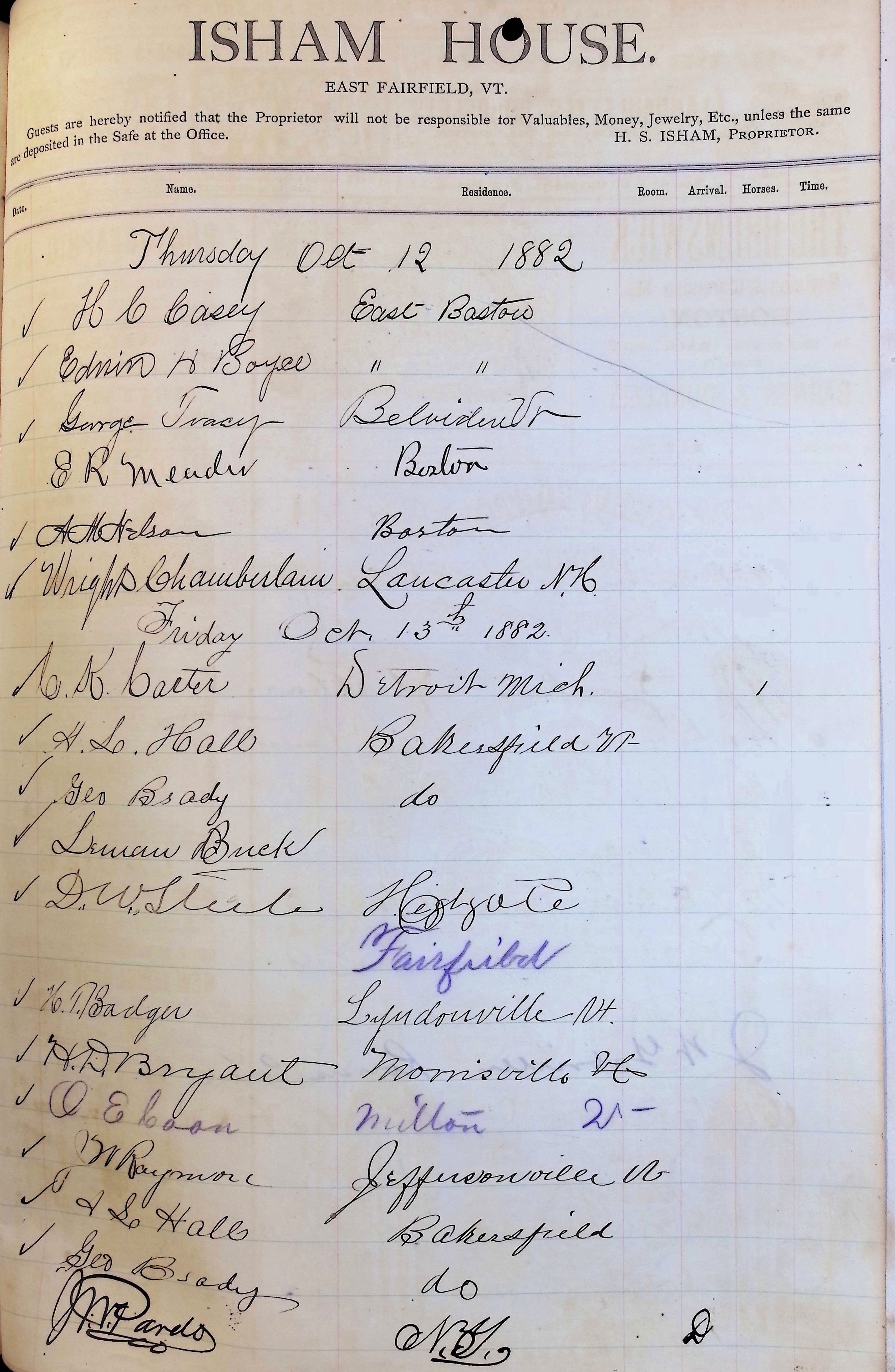 Isham Hotel register Vol. 1, Page 168