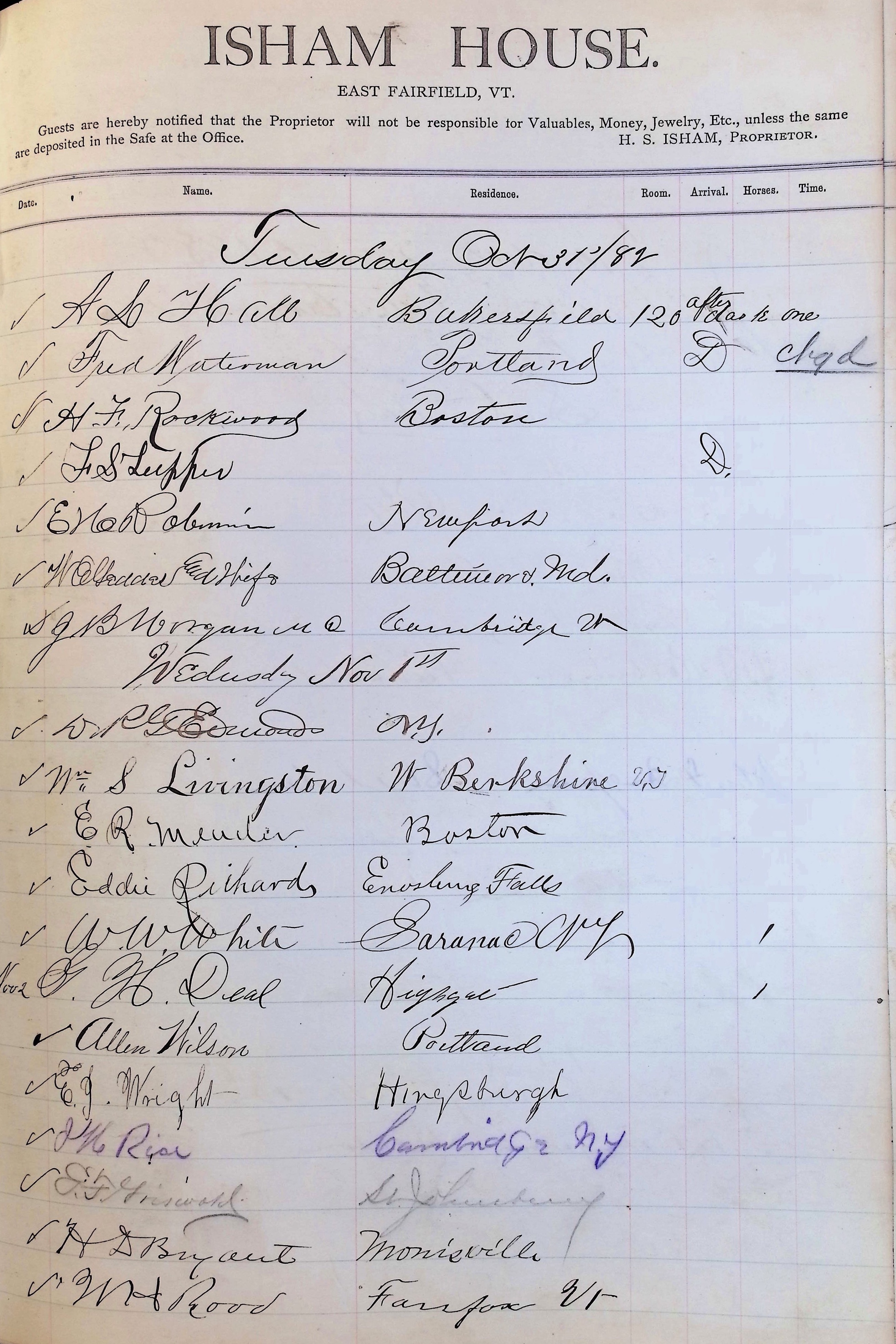 Isham Hotel register Vol. 1, Page 174
