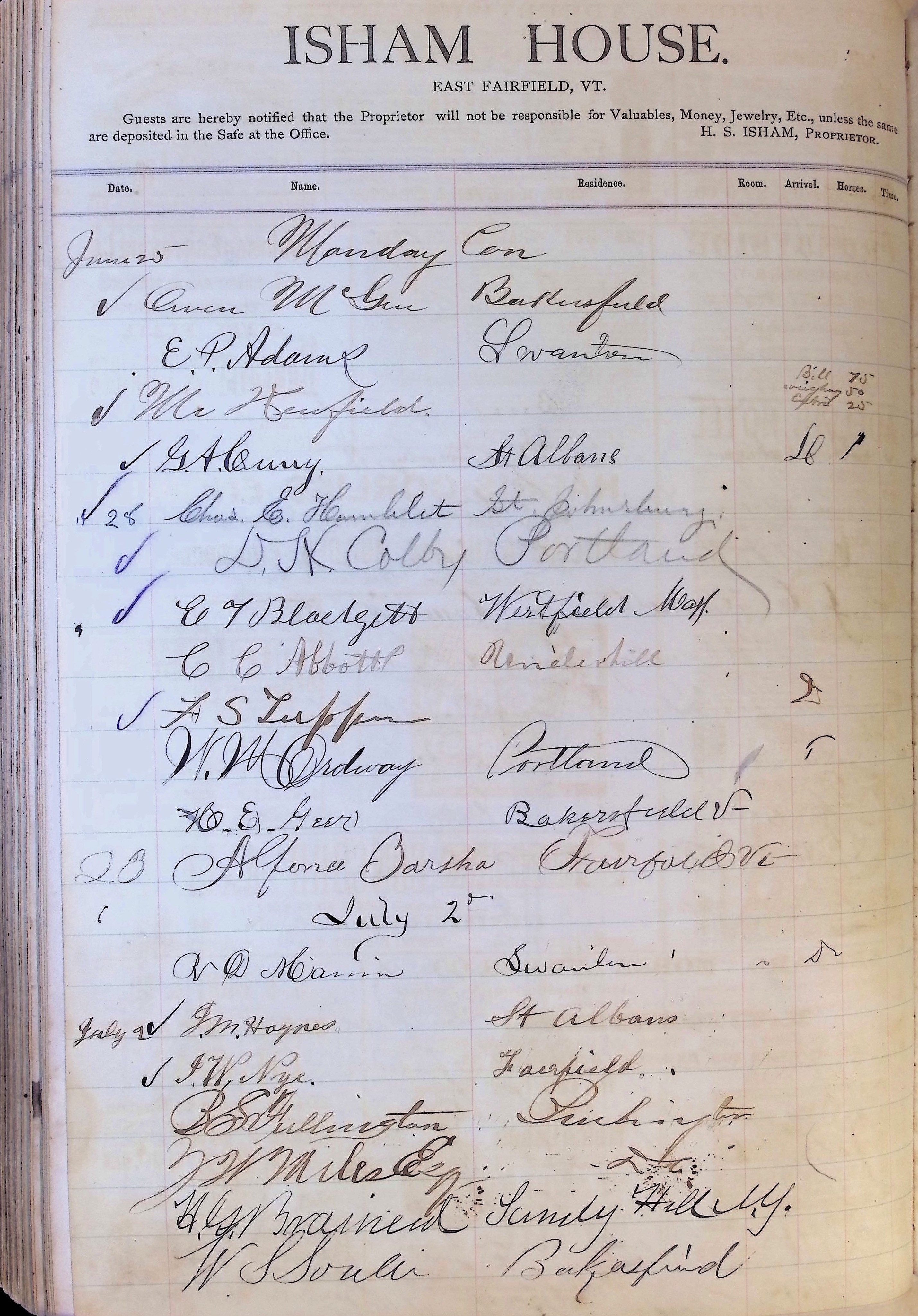 Isham Hotel register Vol. 1, Page 175
