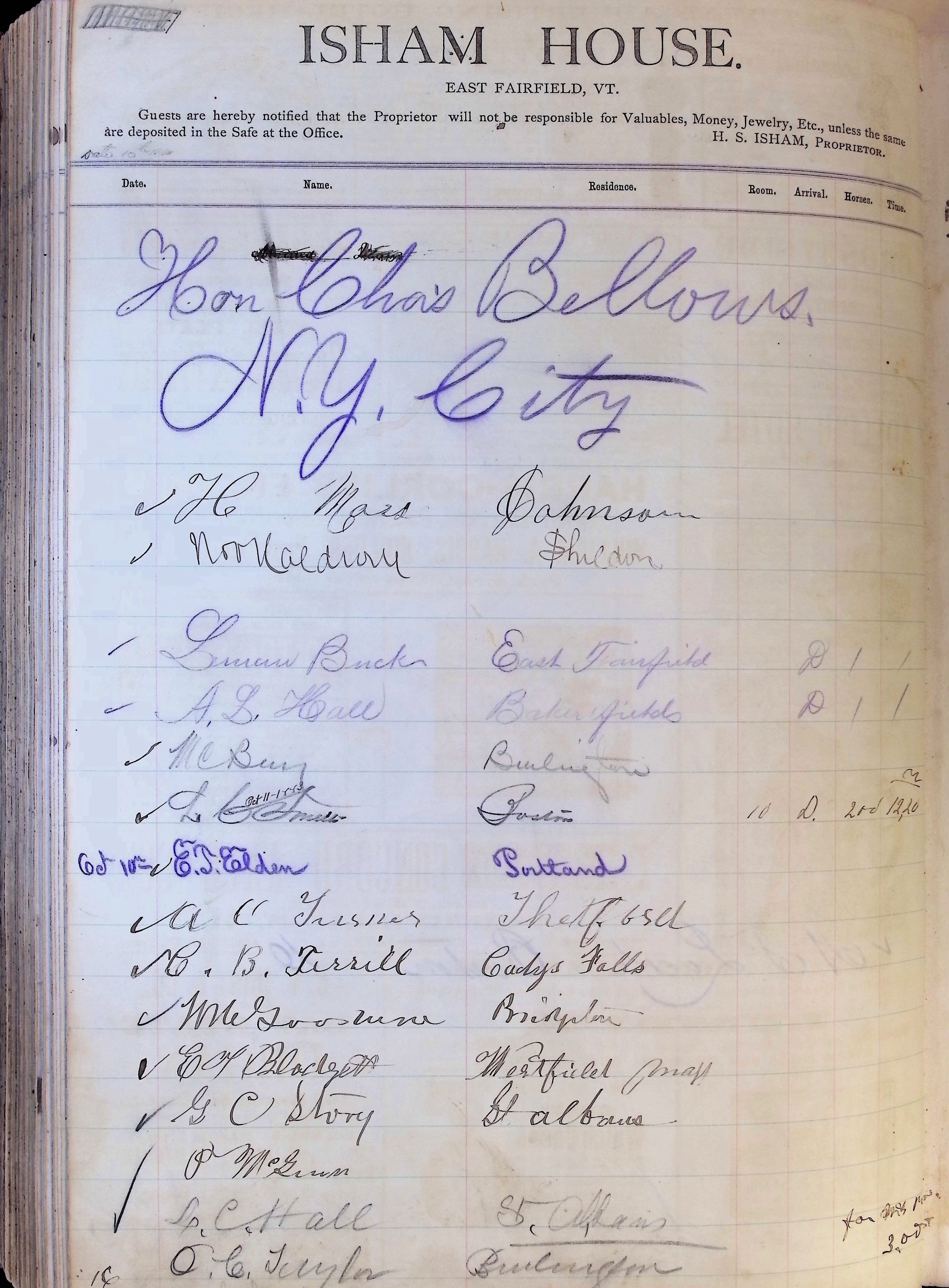 Isham Hotel register Vol. 1, Page 209