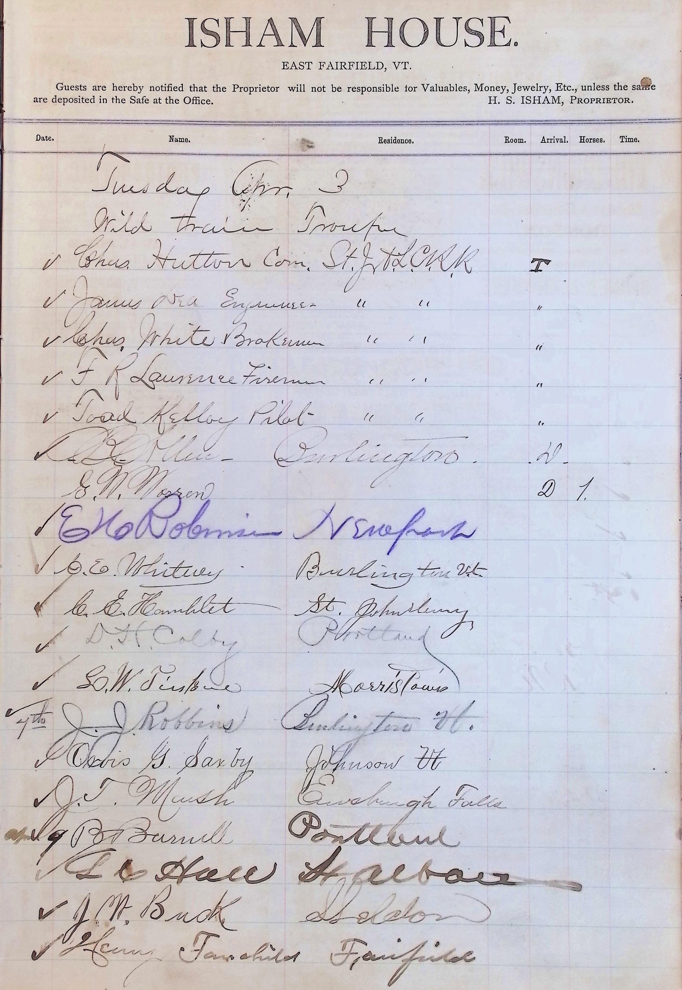 Isham Hotel register Vol. 1, Page 217