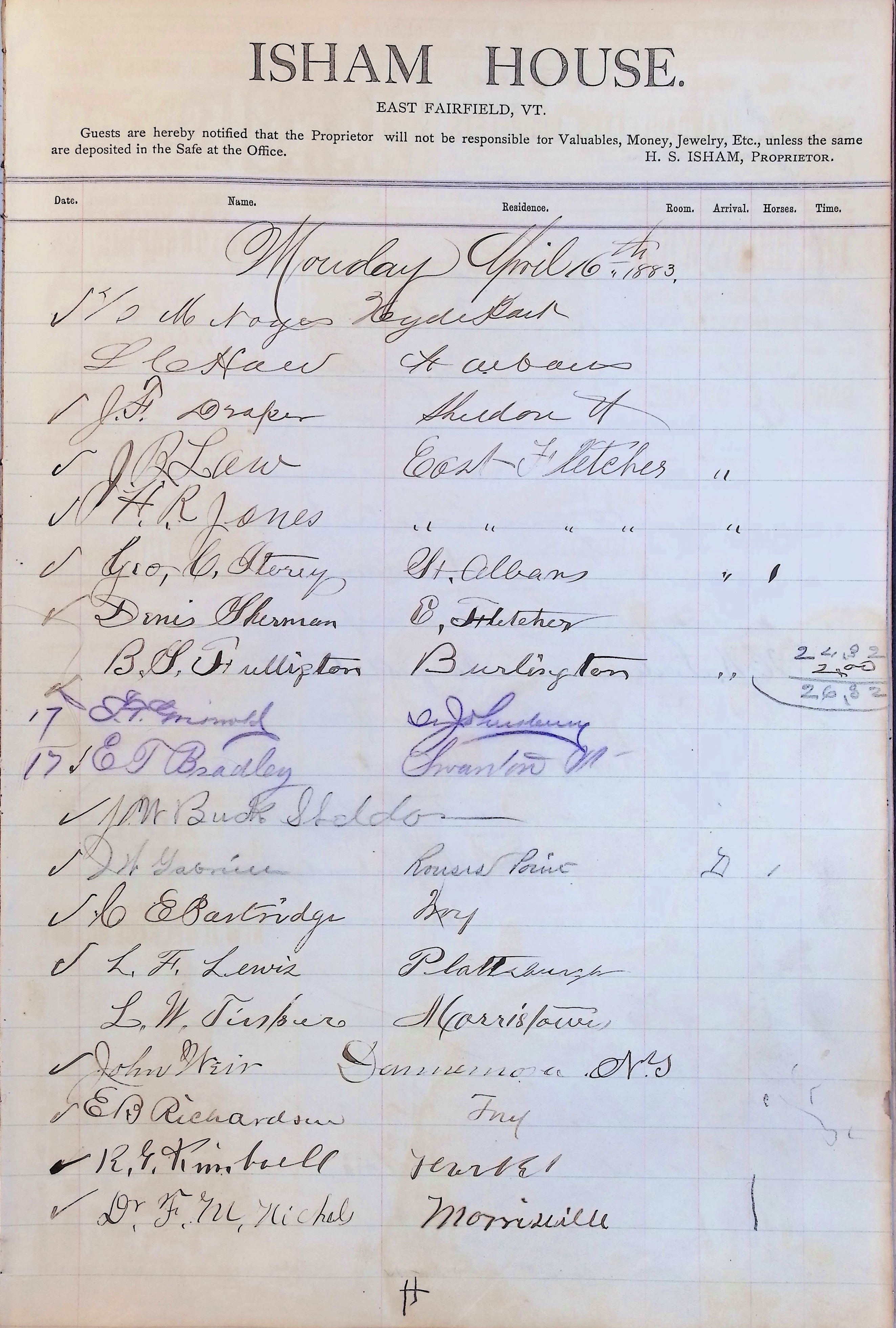 Isham Hotel register Vol. 1, Page 219