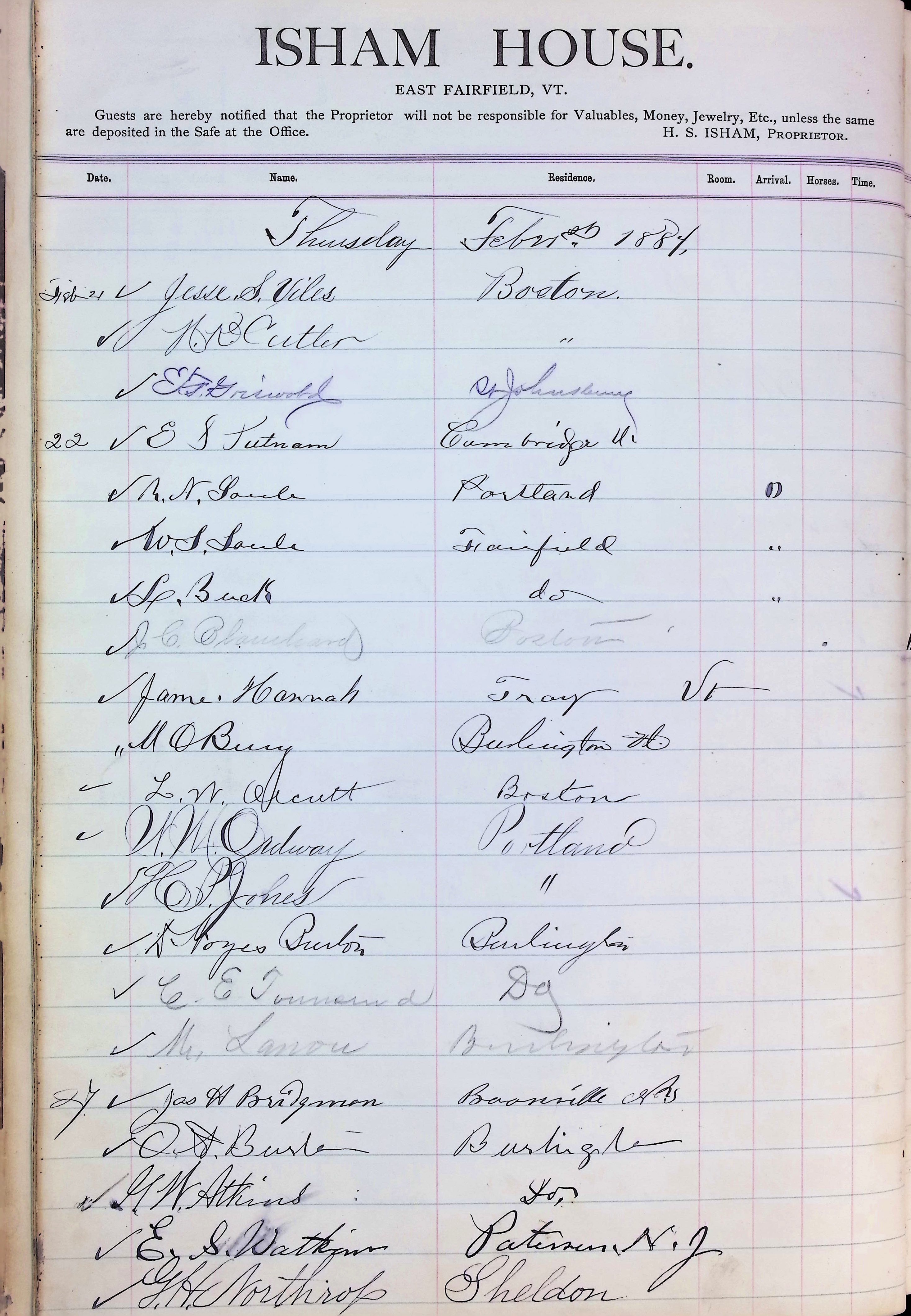 Isham Hotel register Vol. 2, Page 36