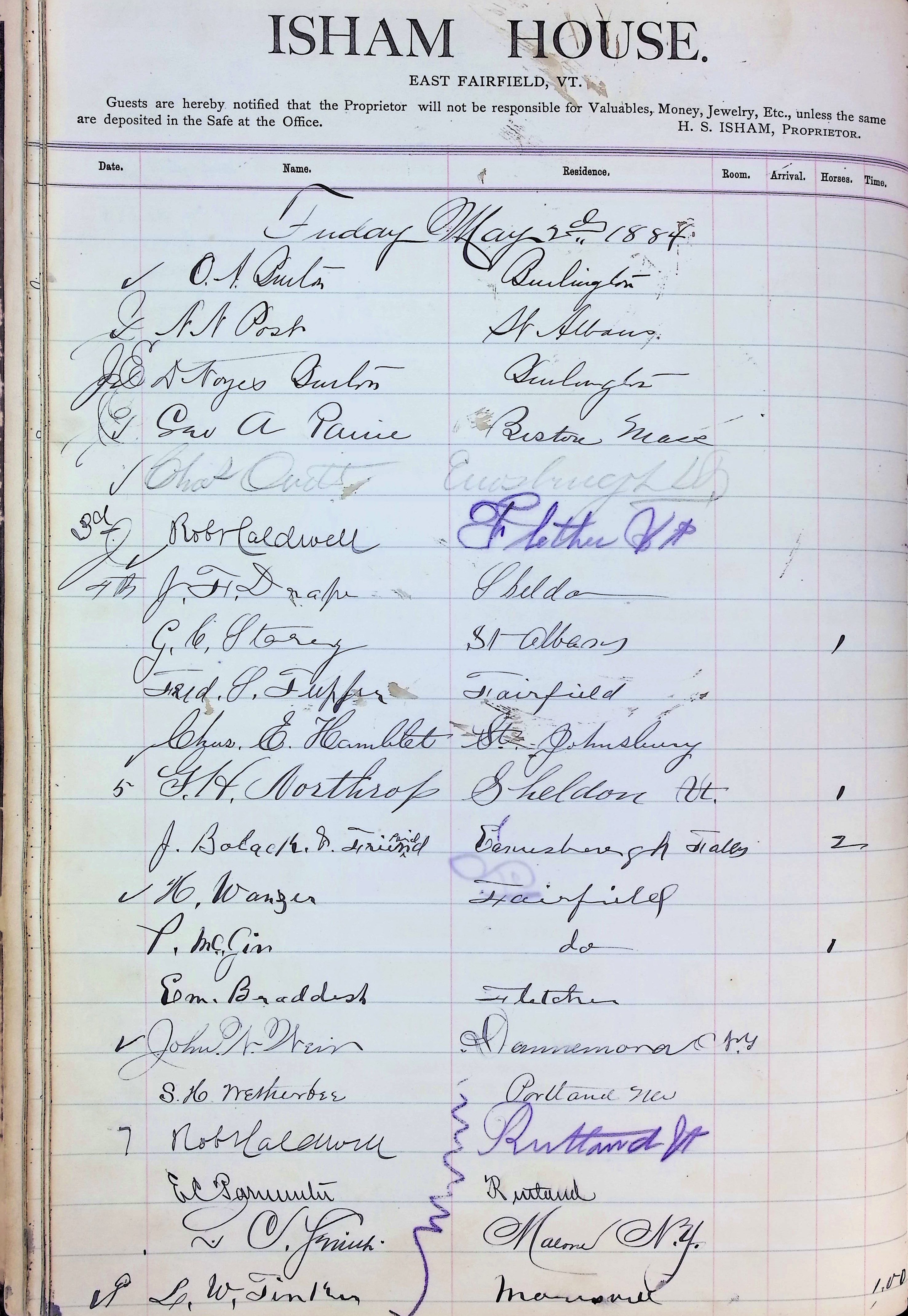 Isham Hotel register Vol. 2, Page 54