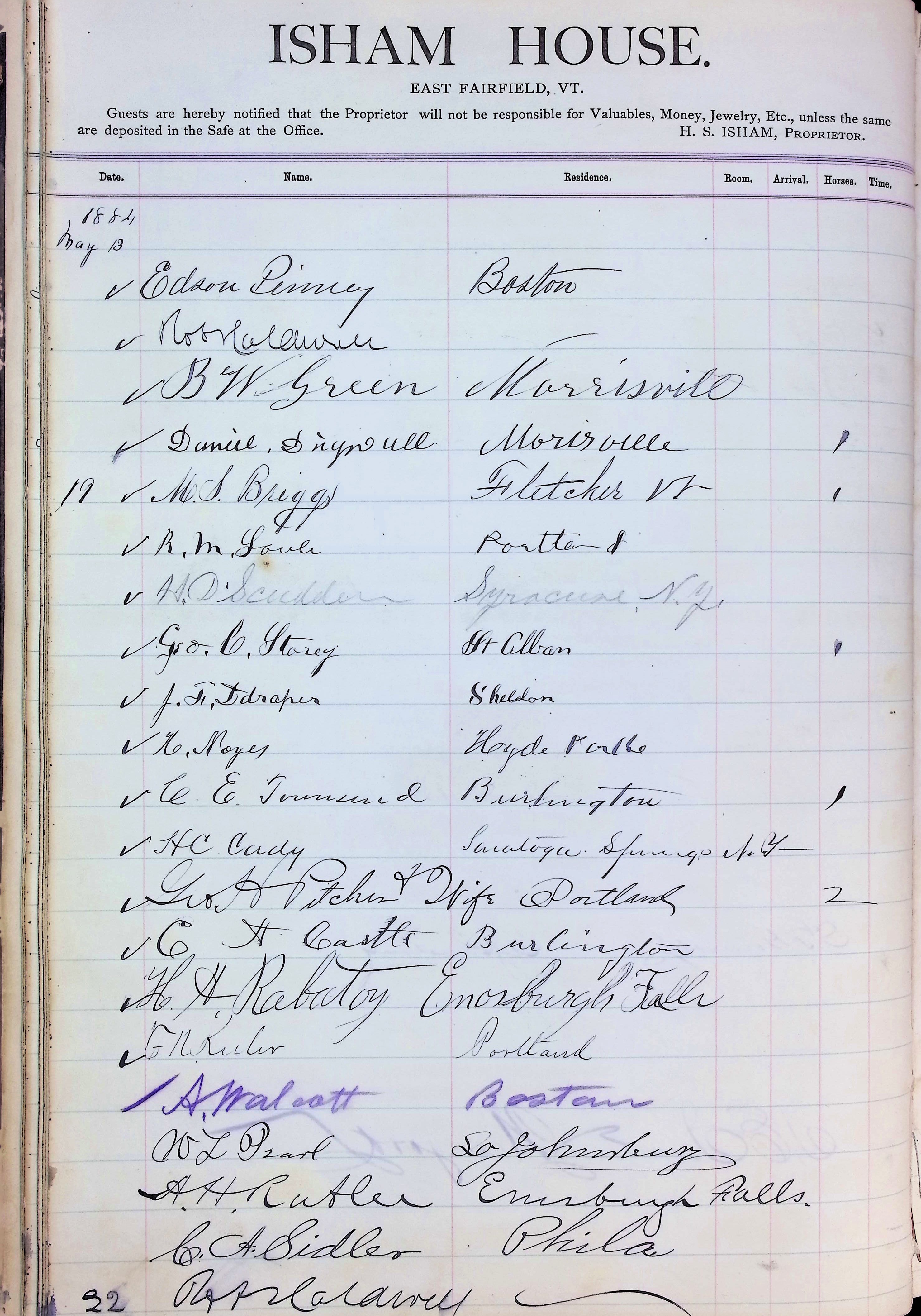 Isham Hotel register Vol. 2, Page 58