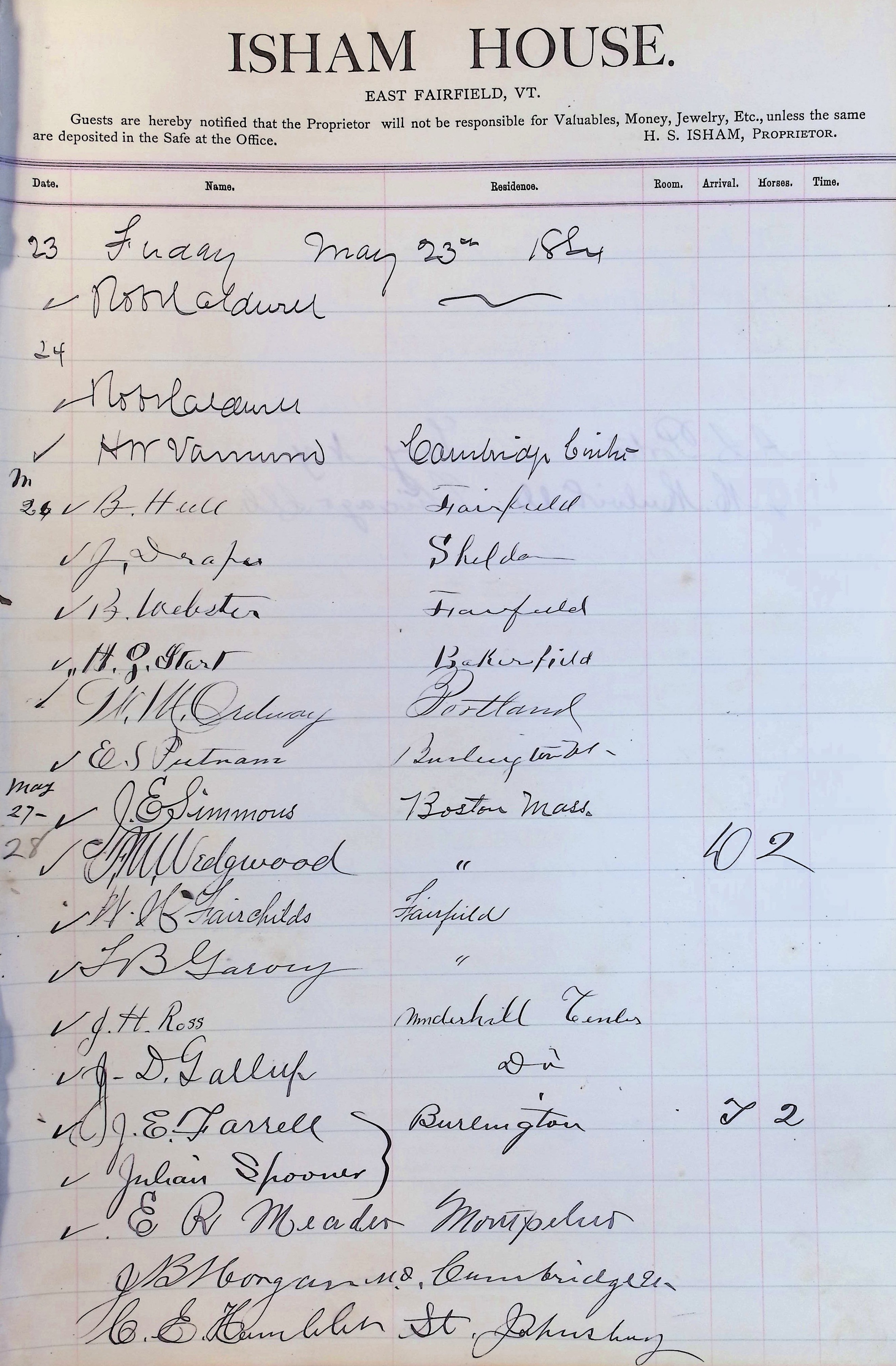 Isham Hotel register Vol. 2, Page 61