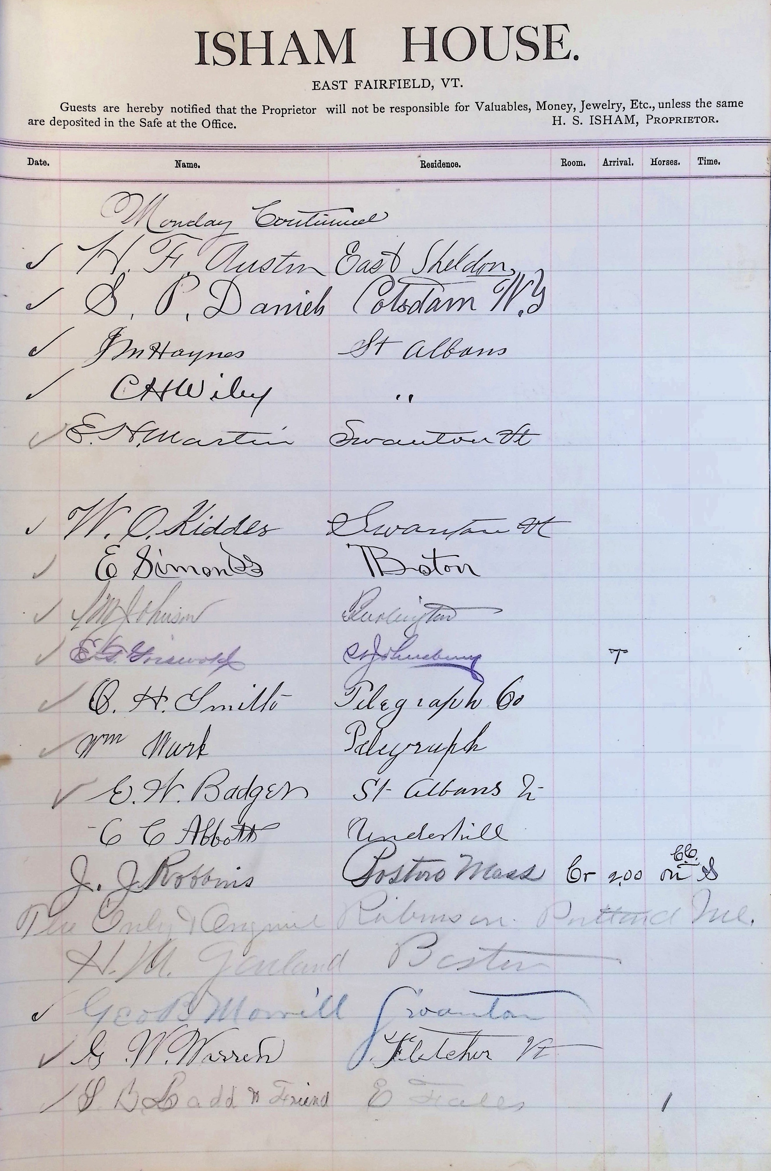Isham Hotel register Vol. 2, Page 63