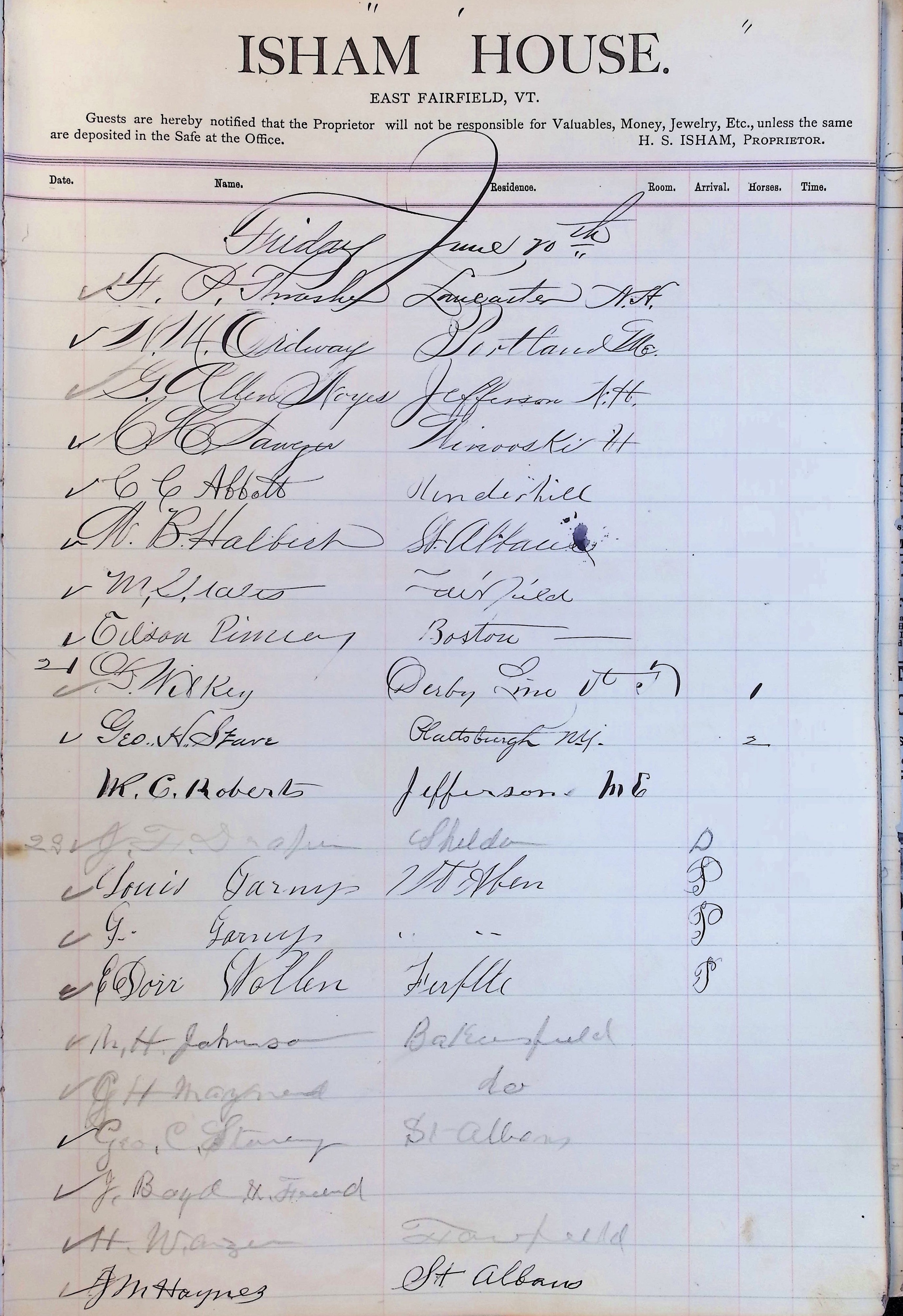 Isham Hotel register Vol. 2, Page 67