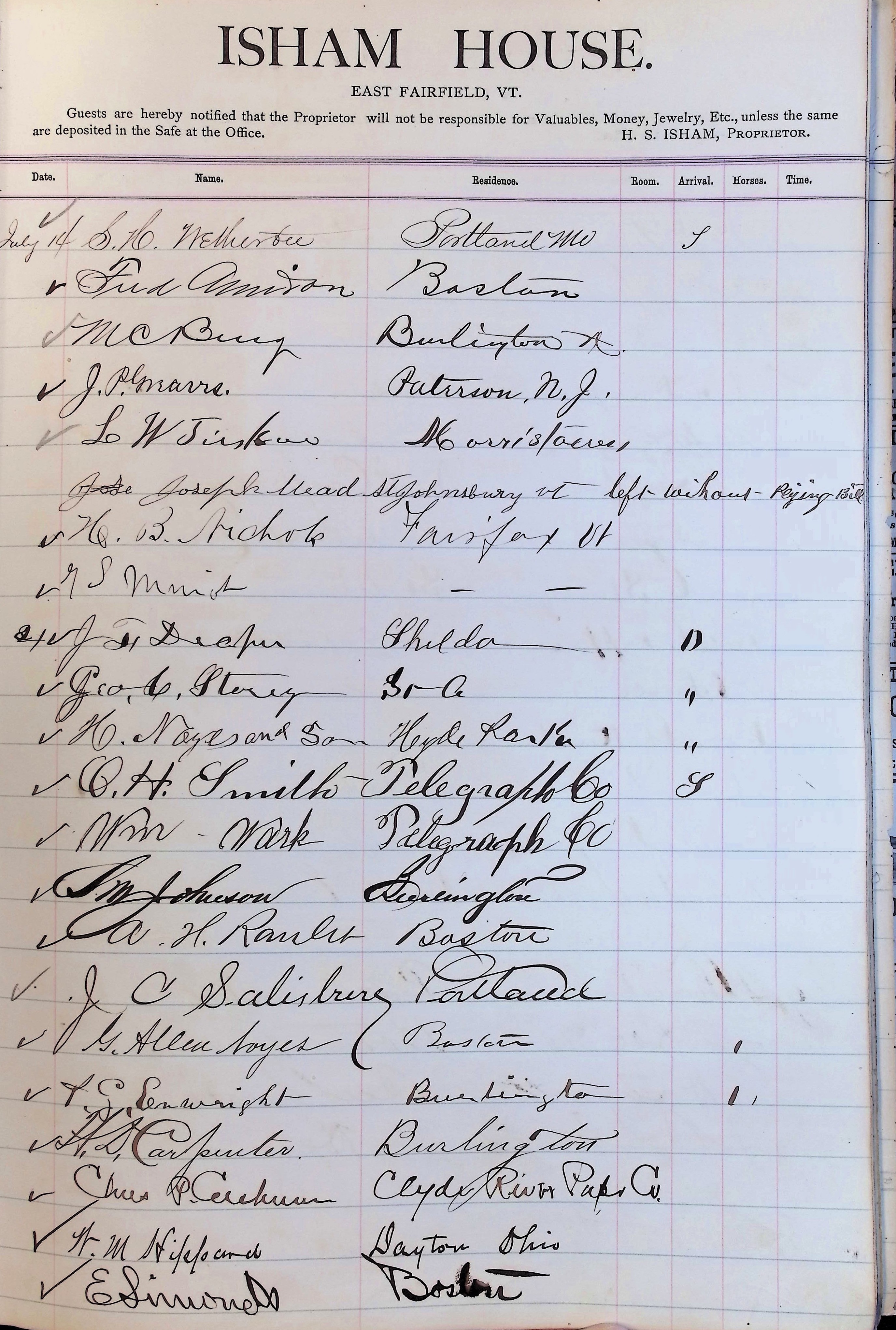 Isham Hotel register Vol. 2, Page 75