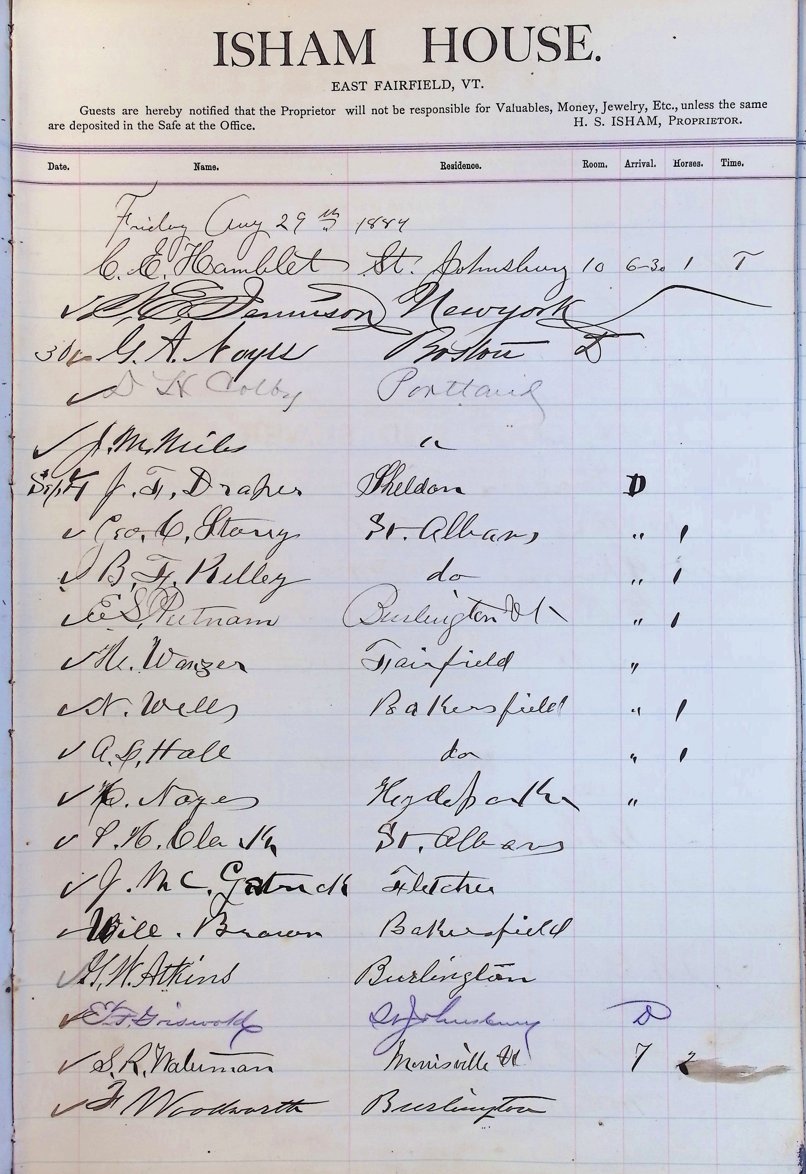 Isham Hotel register Vol. 2, Page 85