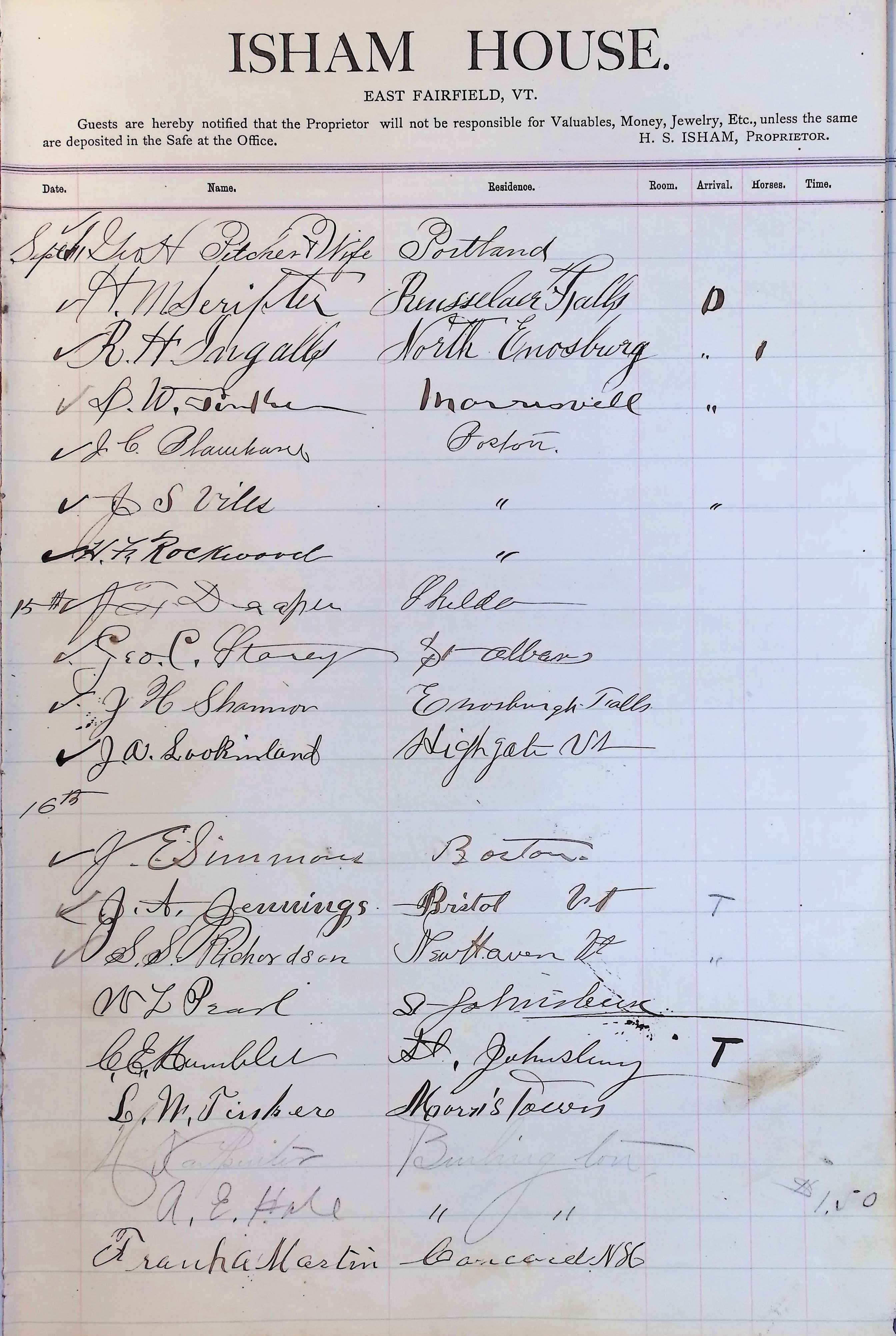 Isham Hotel register Vol. 2, Page 89