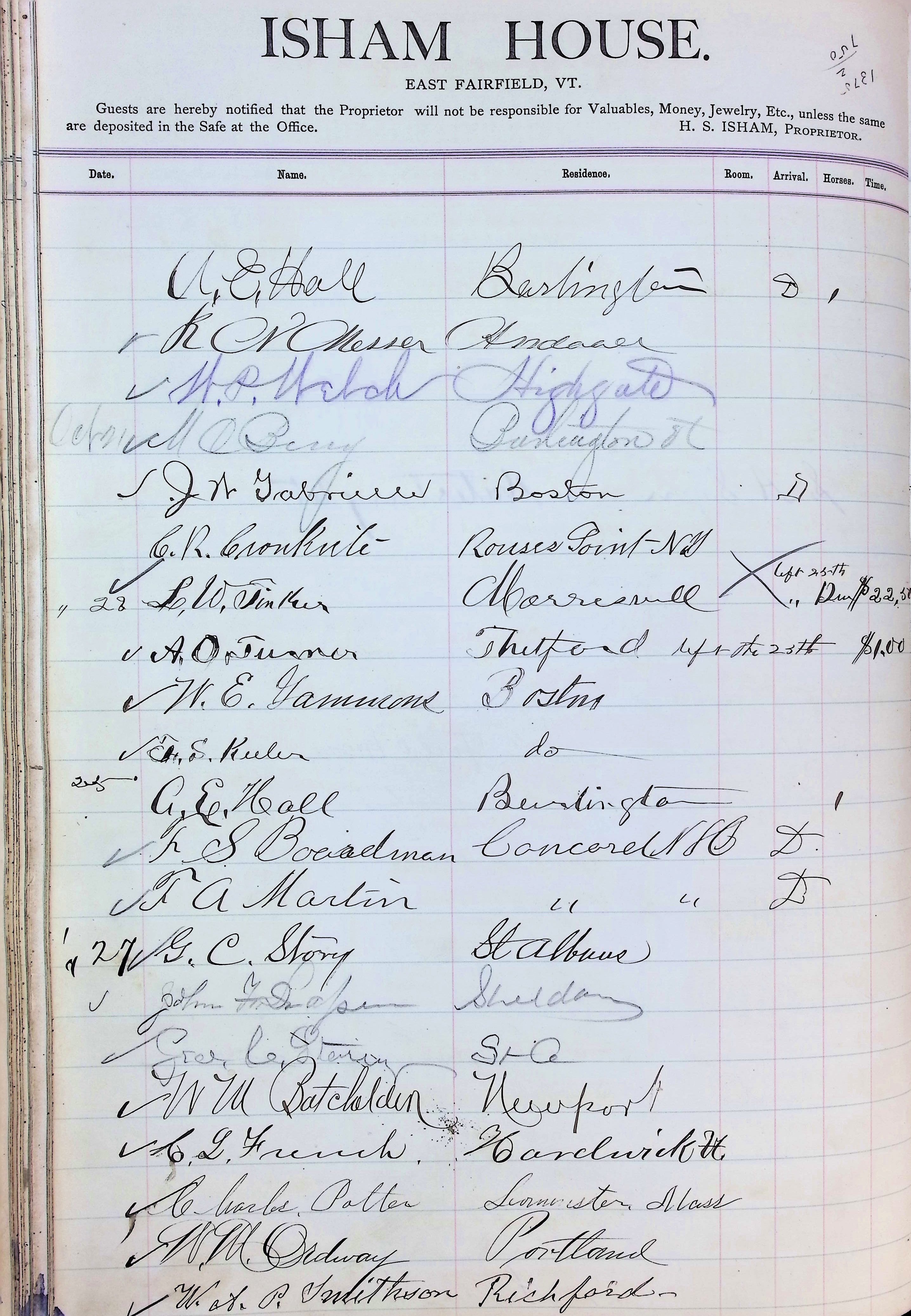 Isham Hotel register Vol. 2, Page 98