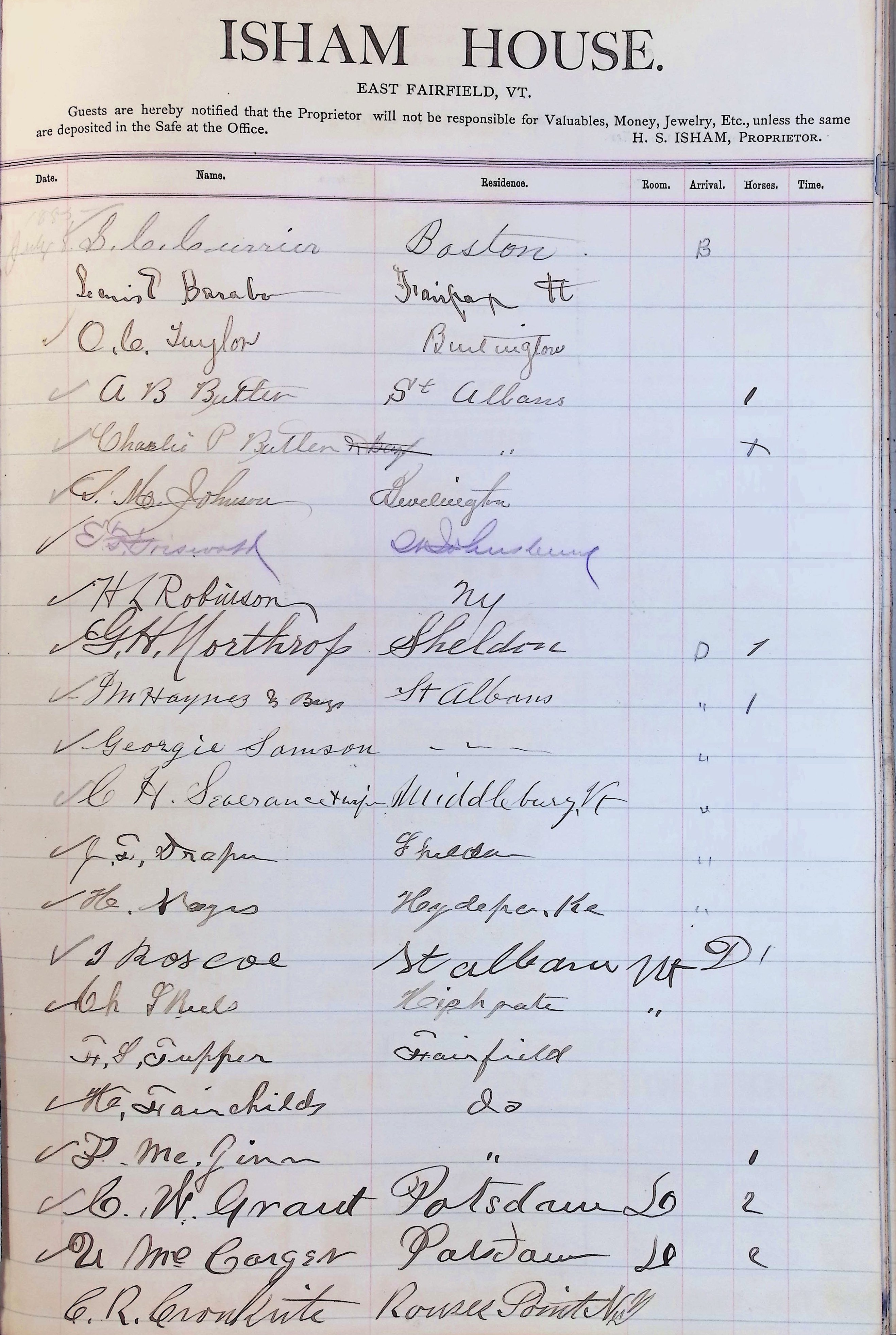 Isham Hotel register Vol. 2, Page 165