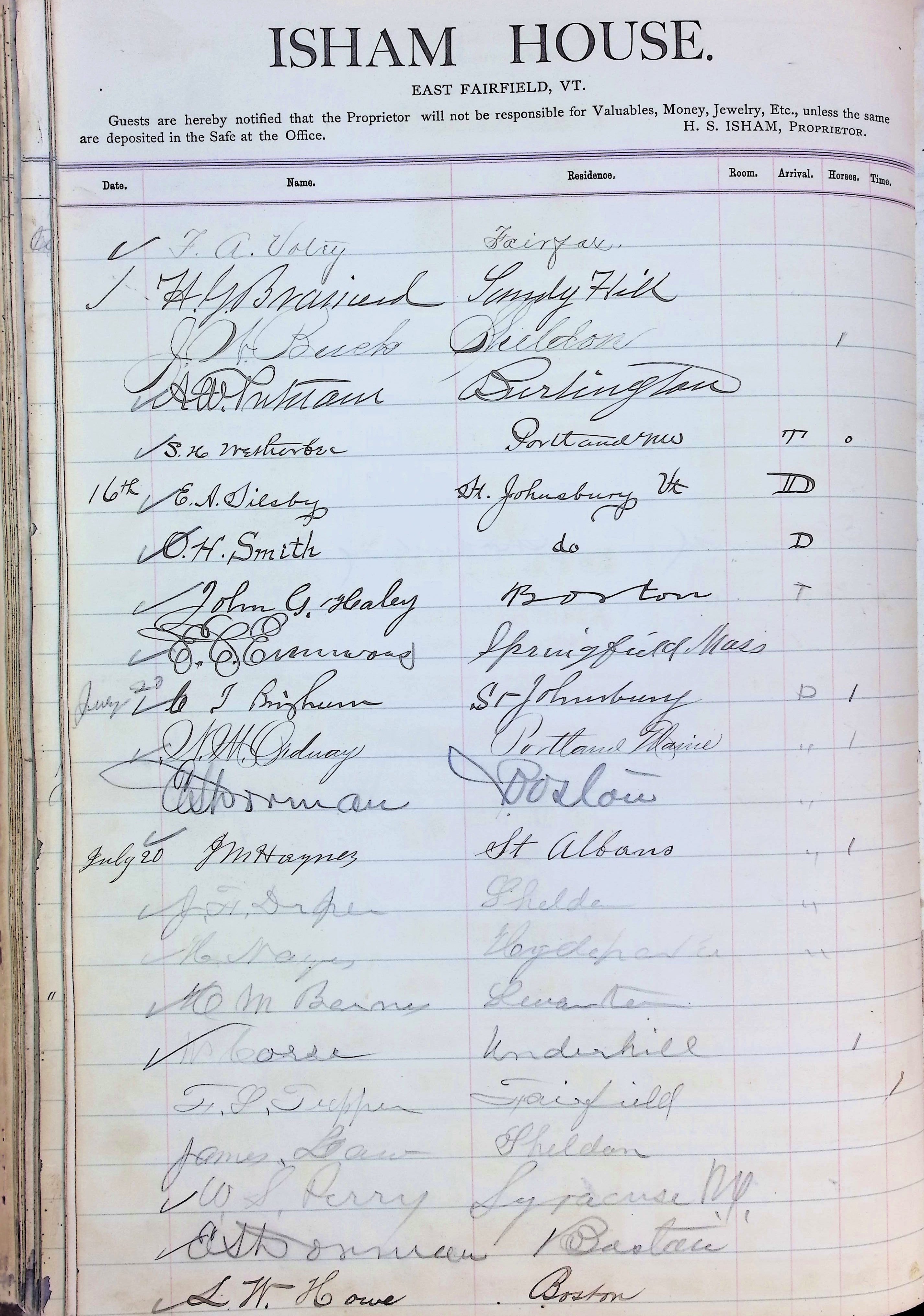 Isham Hotel register Vol. 2, Page 166