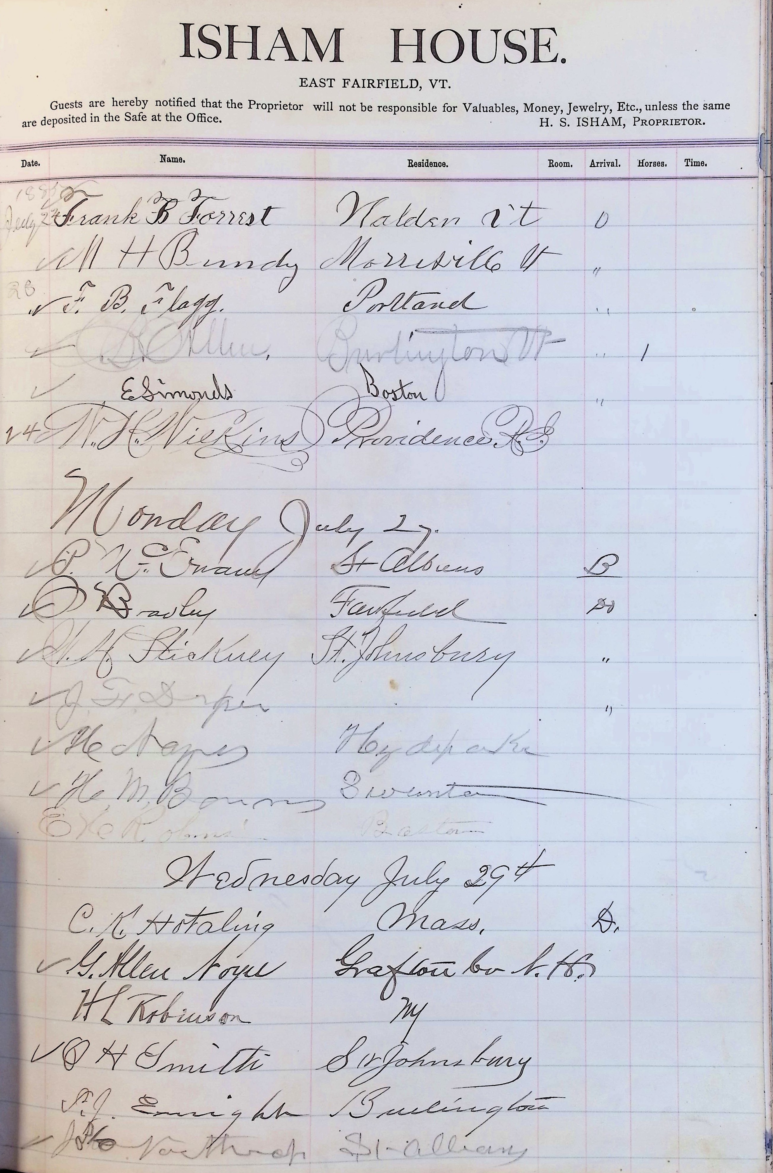 Isham Hotel register Vol. 2, Page 169