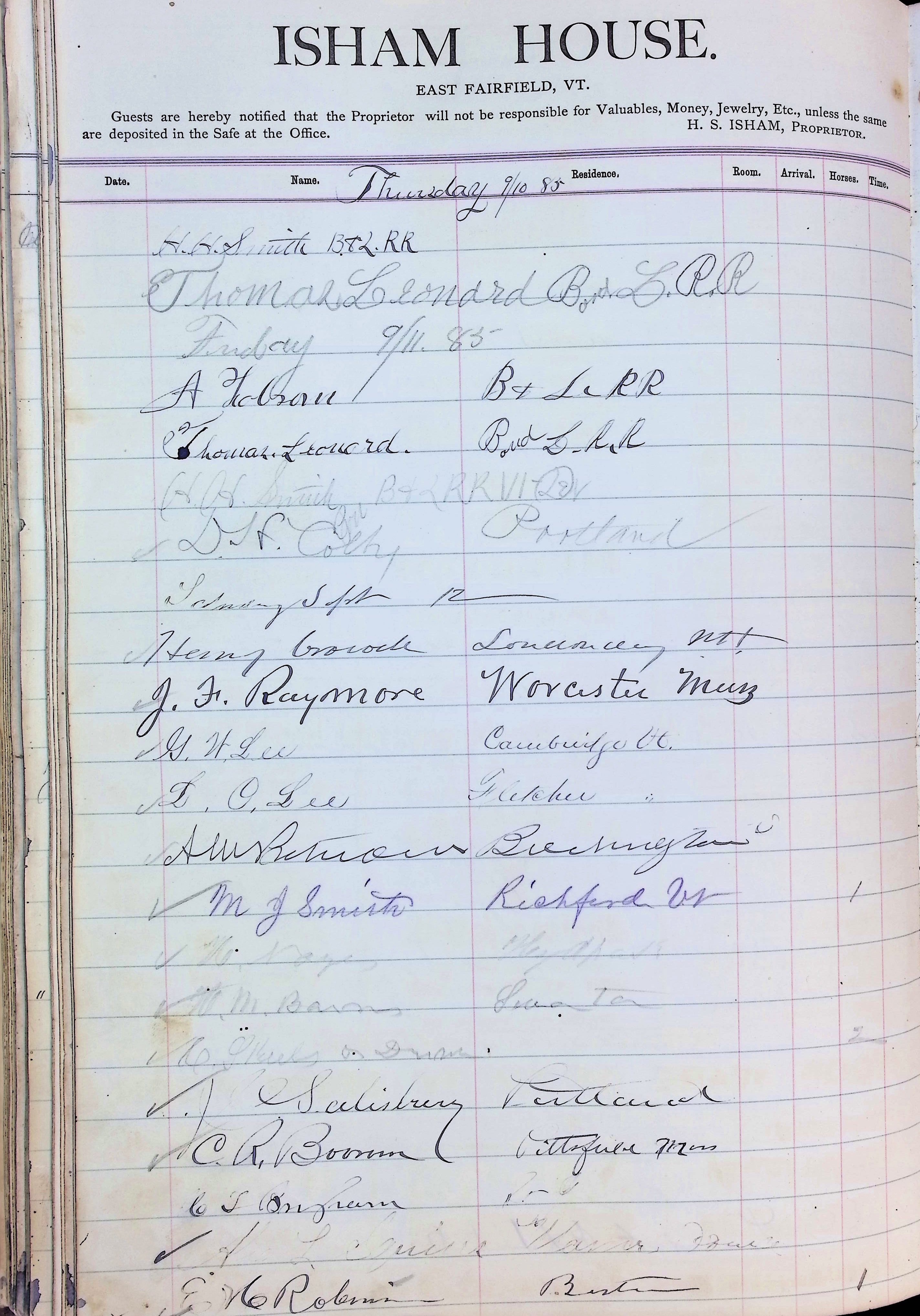 Isham Hotel register Vol. 2, Page 182