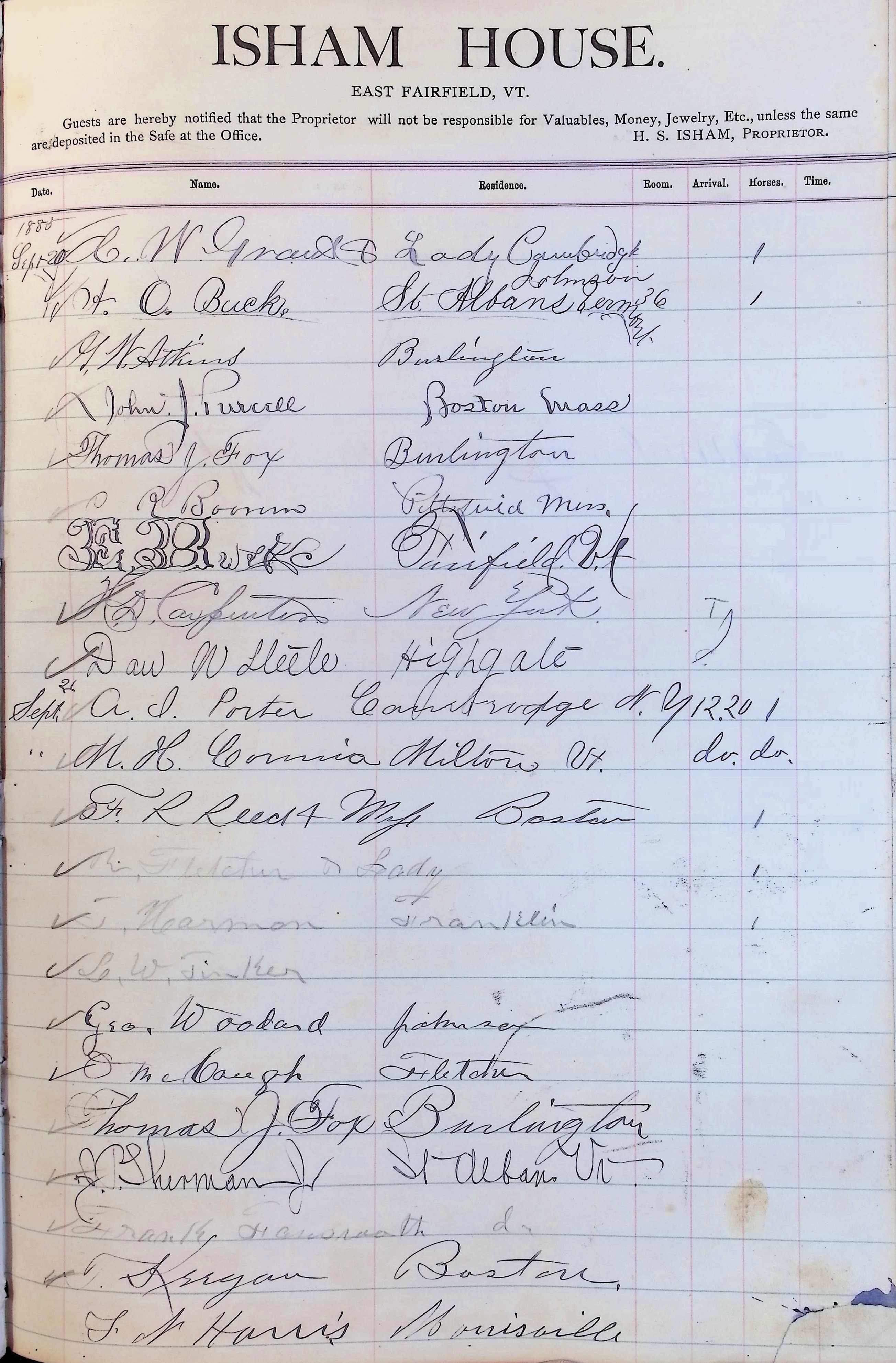 Isham Hotel register Vol. 2, Page 189