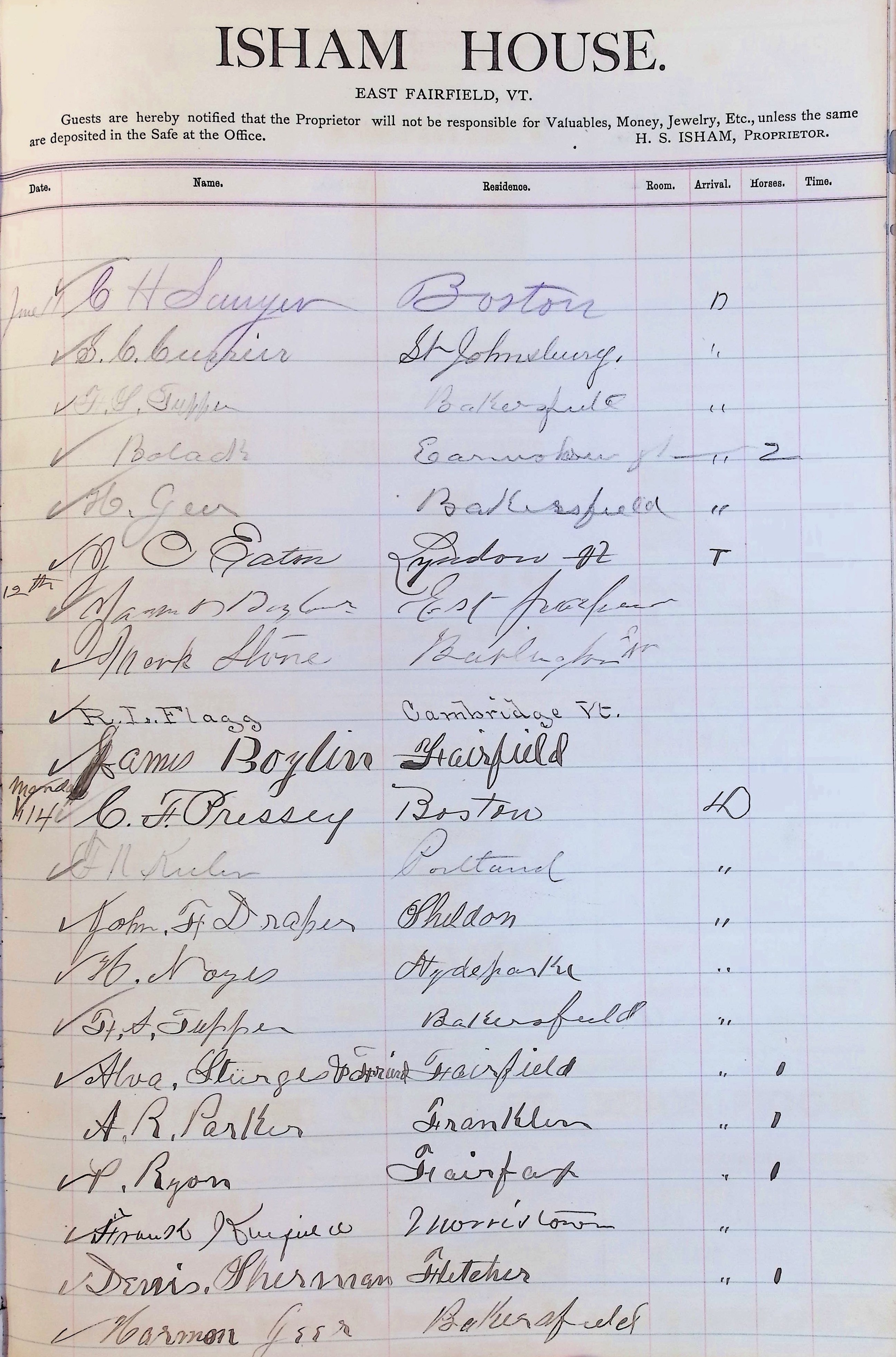 Isham Hotel register Vol. 2, Page 257