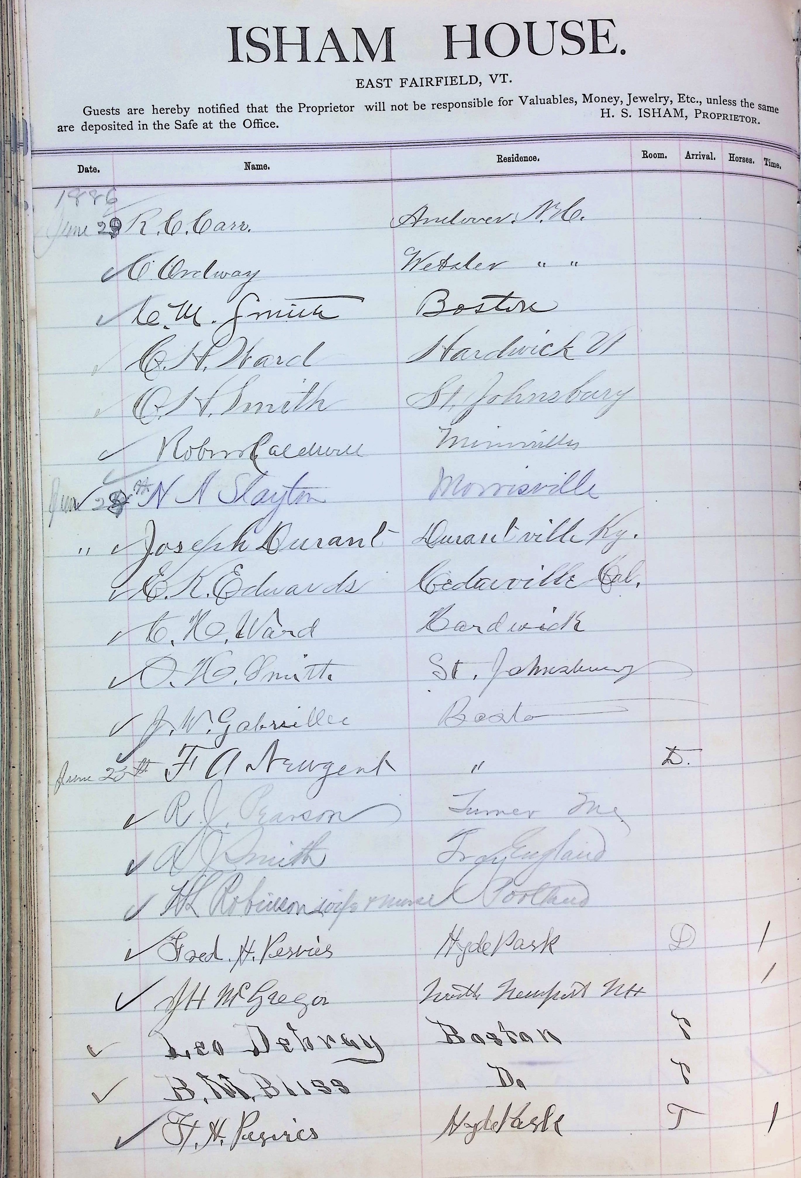 Isham Hotel register Vol. 2, Page 262