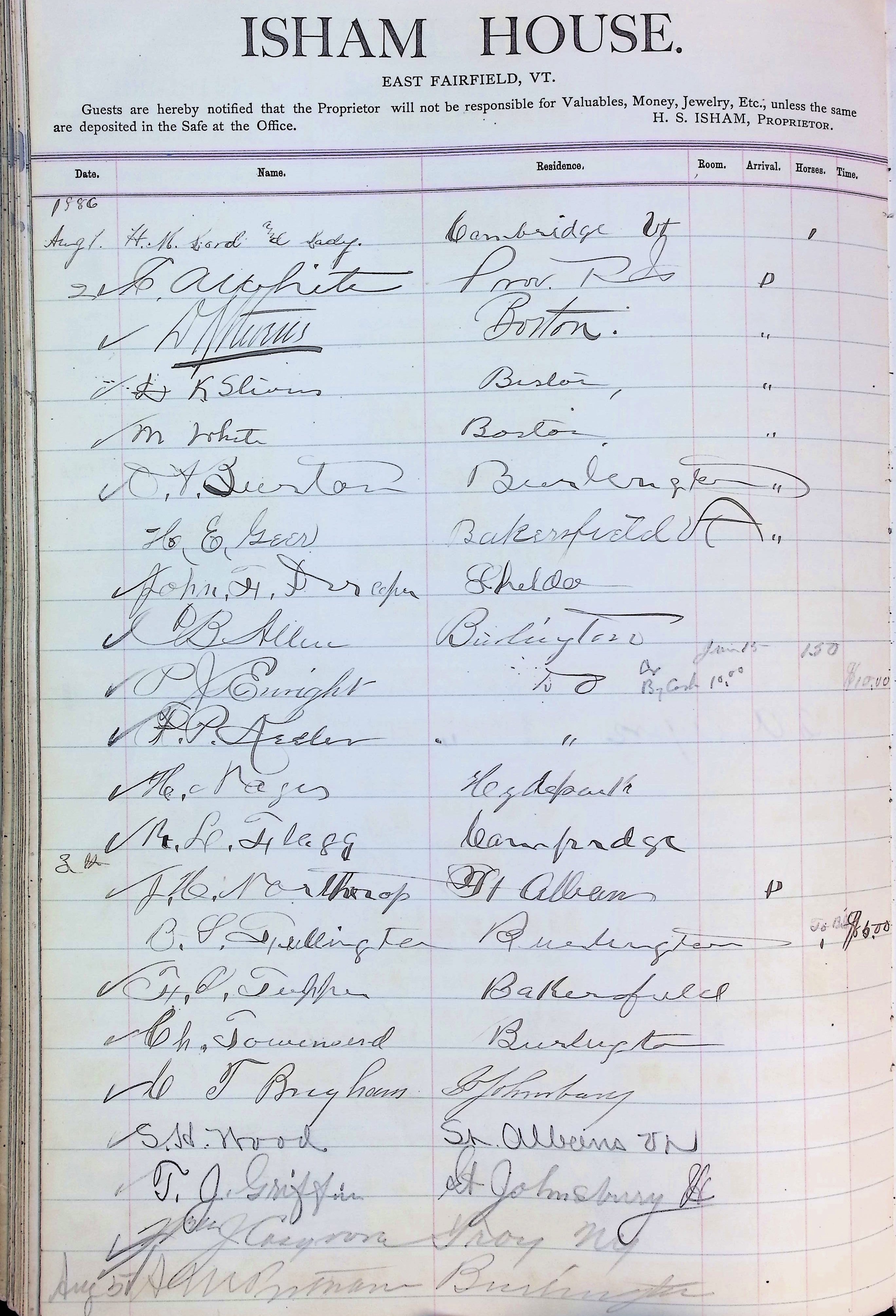 Isham Hotel register Vol. 2, Page 274