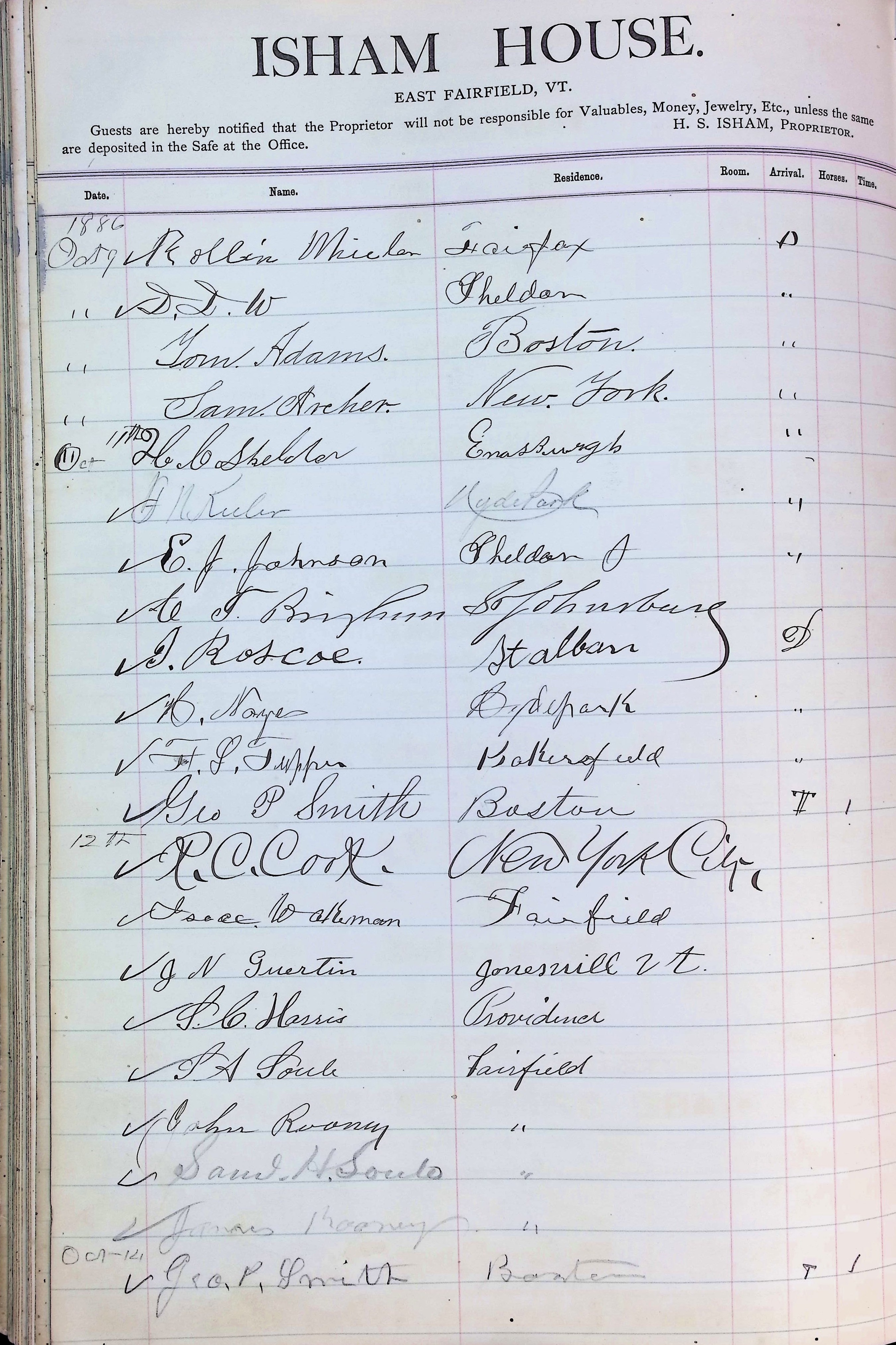 Isham Hotel register Vol. 2, Page 288