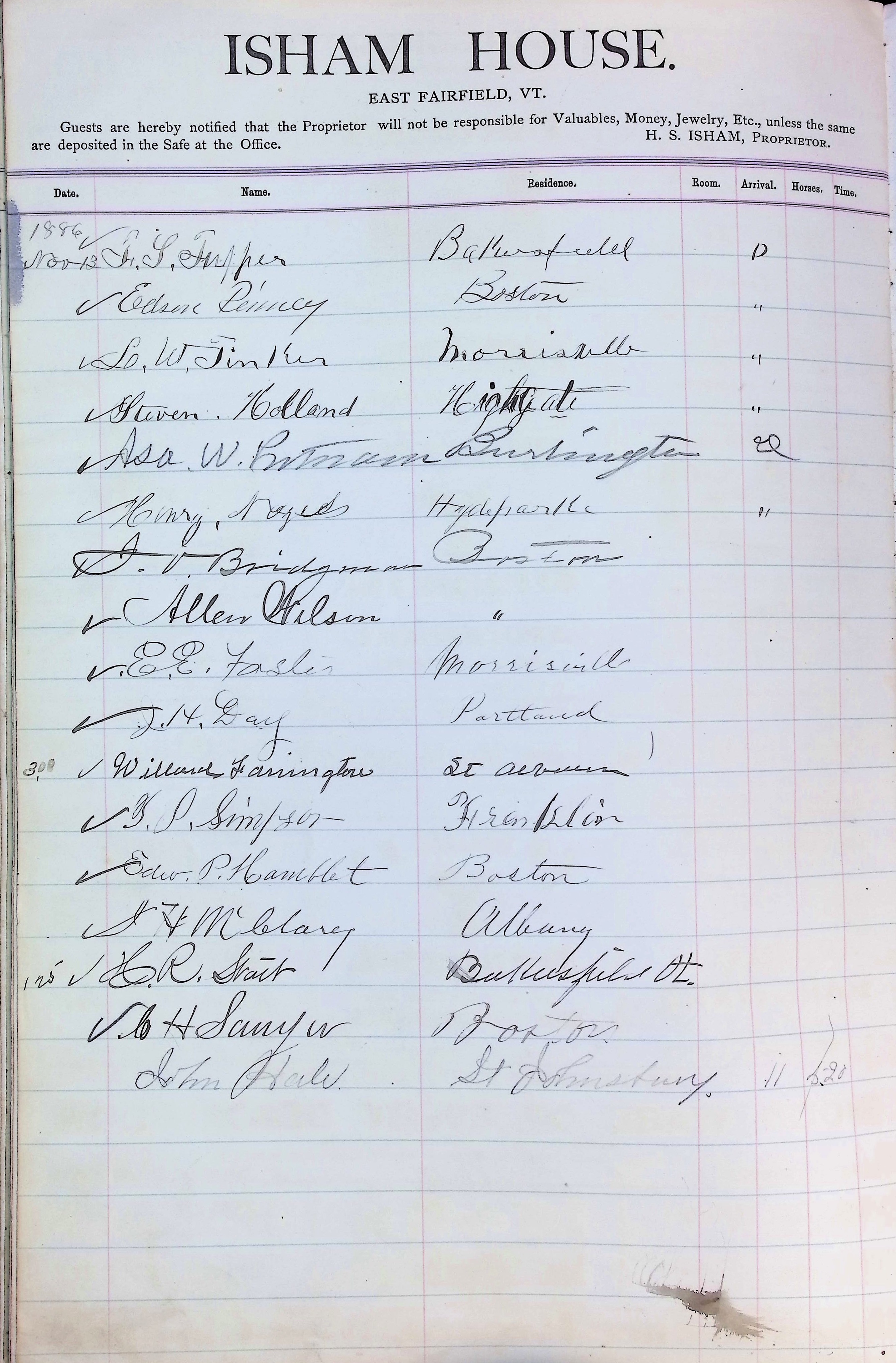 Isham Hotel register Vol. 2, Page 300