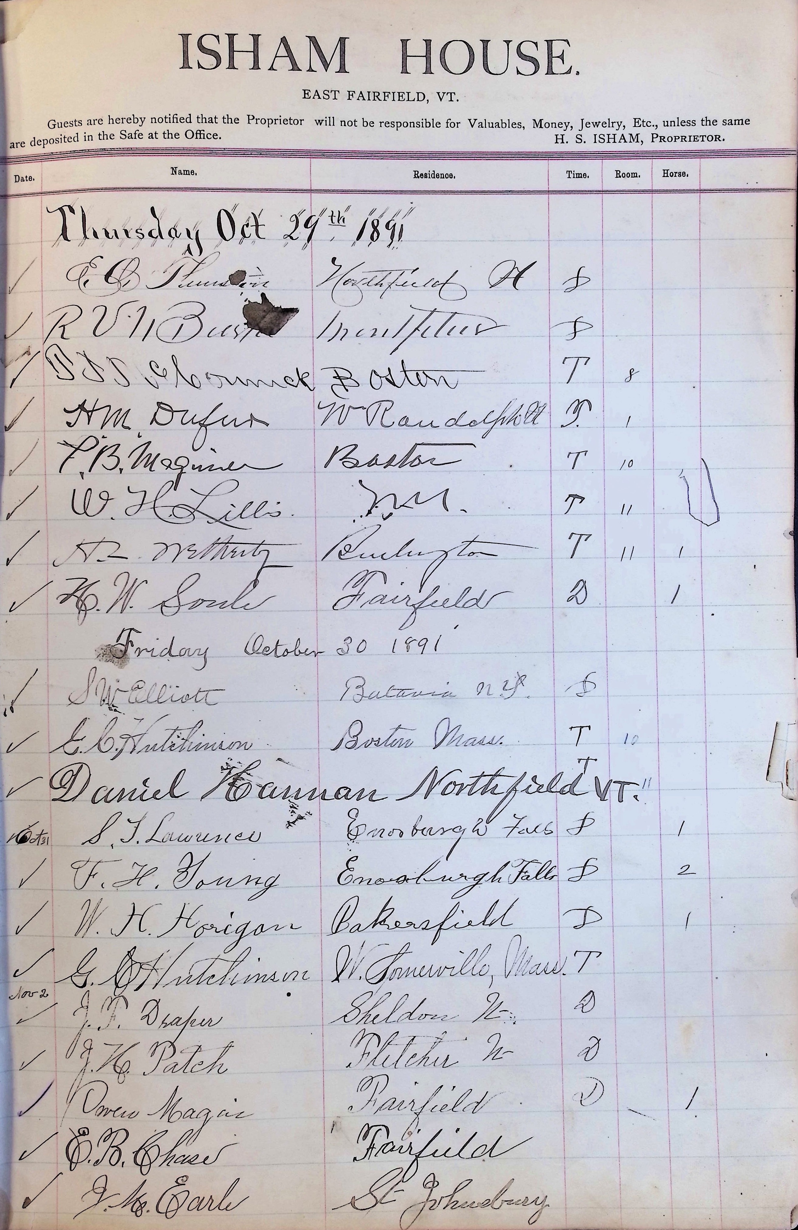 Isham Hotel register Vol. 3, Page 27
