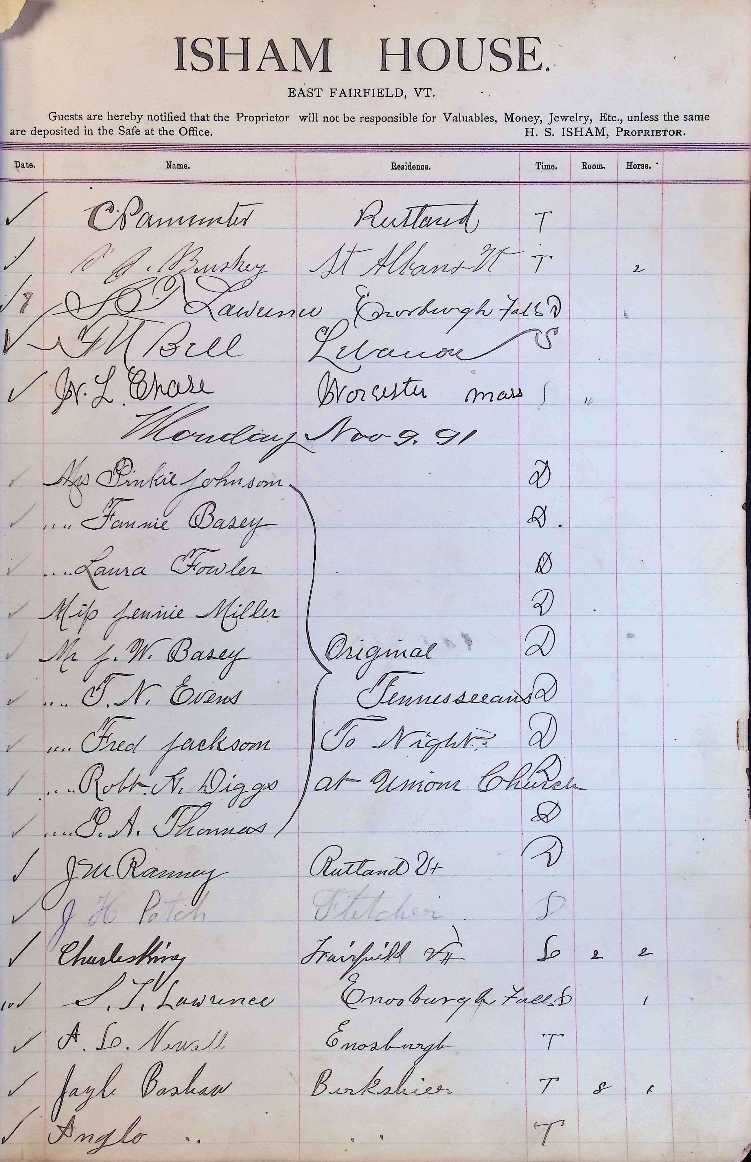 Isham Hotel register Vol. 3, Page 29