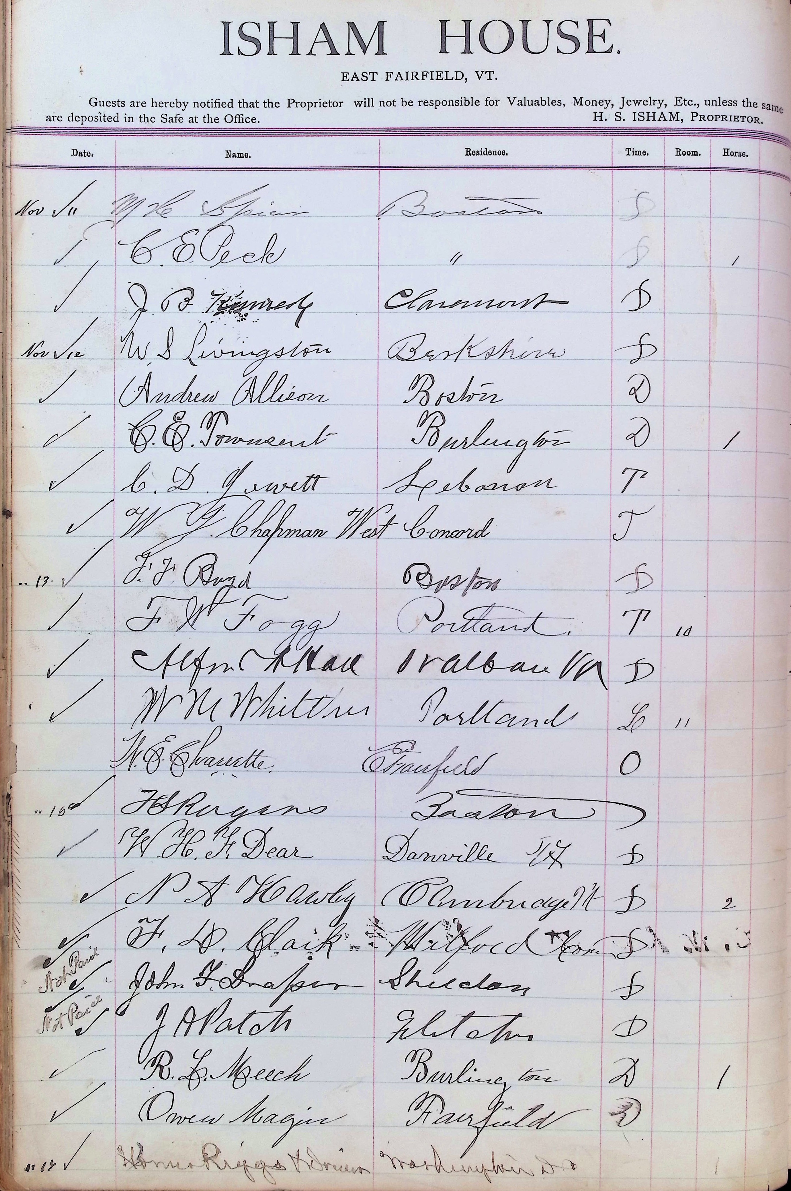 Isham Hotel register Vol. 3, Page 30