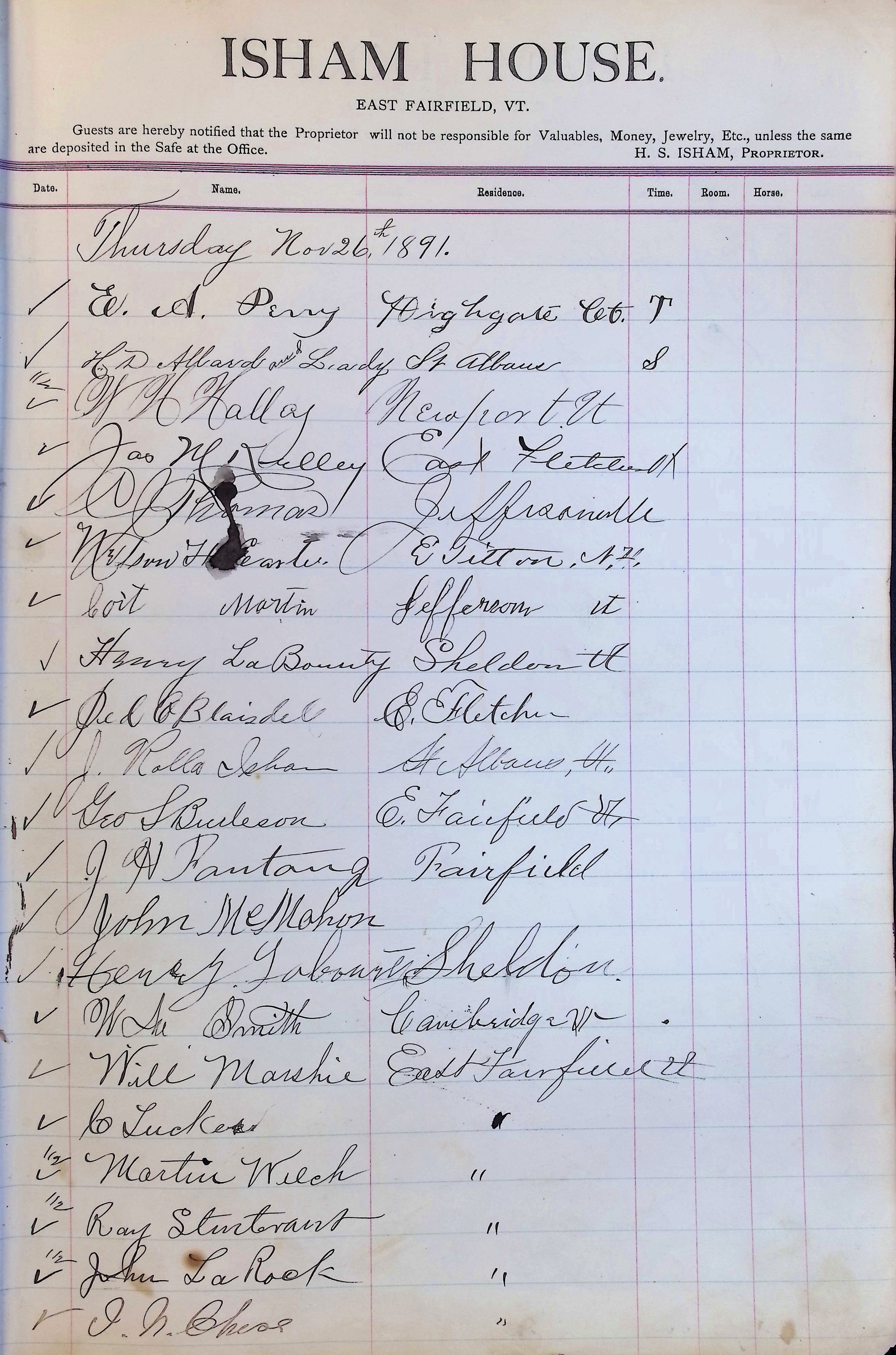 Isham Hotel register Vol. 3, Page 33